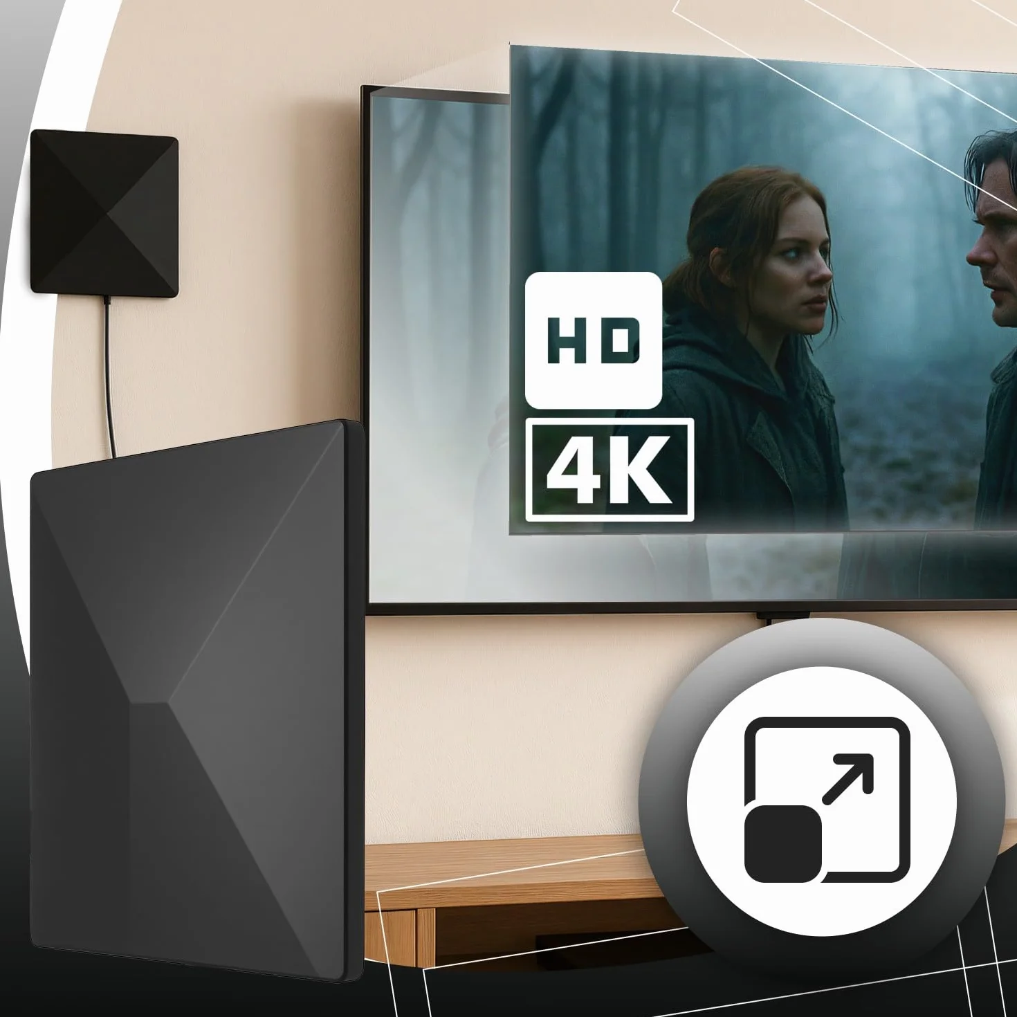 Retoo Antena DVB-T/DVB-T2 ze wzmacniaczem 35 dB, antena wewnętrzna do użytku wewnątrz i na zewnątrz, kabel 5m, odbiór 360°, antena TV do telewizora, dekodera i radia, UHF/VHF/FM, zasilanie DC 5 V