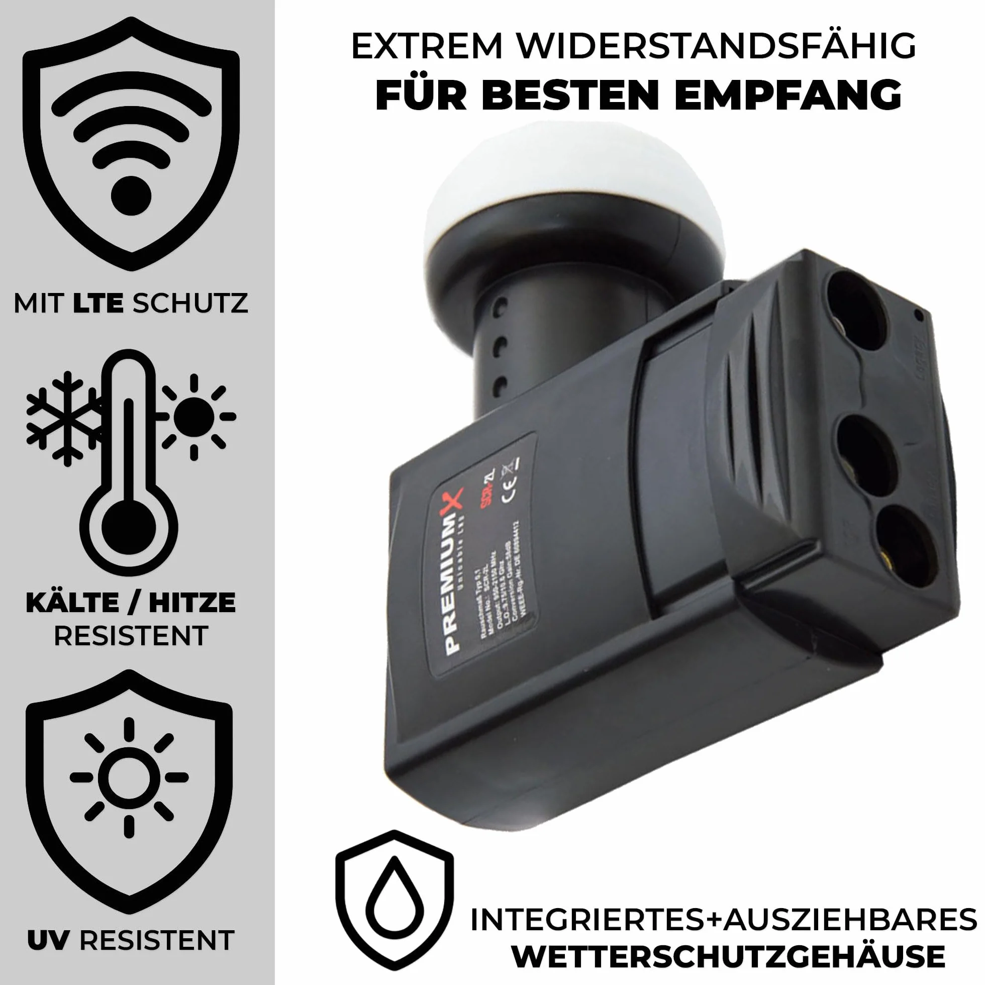 Premium X Unicable LNB - 4 kable uniwersalne + 2 Legacy - 4K Full HD - z ochroną przed warunkami atmosferycznymi do anteny satelitarnej - system jednokablowy cyfrowy odbiornik TV - czarny
