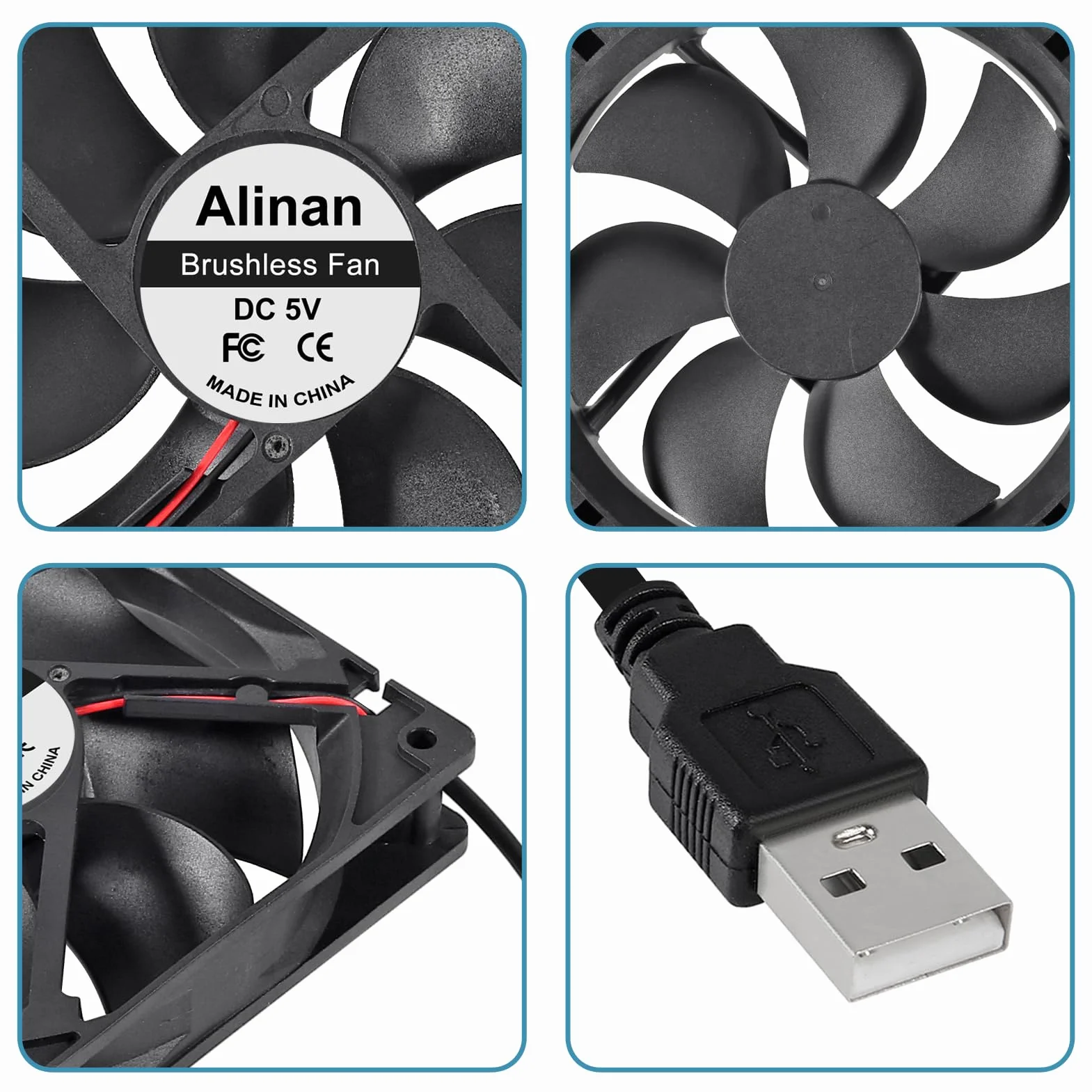 Alinan Wentylator USB, 120 x 120 x 25 mm, 5 V, 2000 obr./min, 66,3 CFM, 31,5 dBA wentylator komputerowy i elektroniczny, 4 sztuki