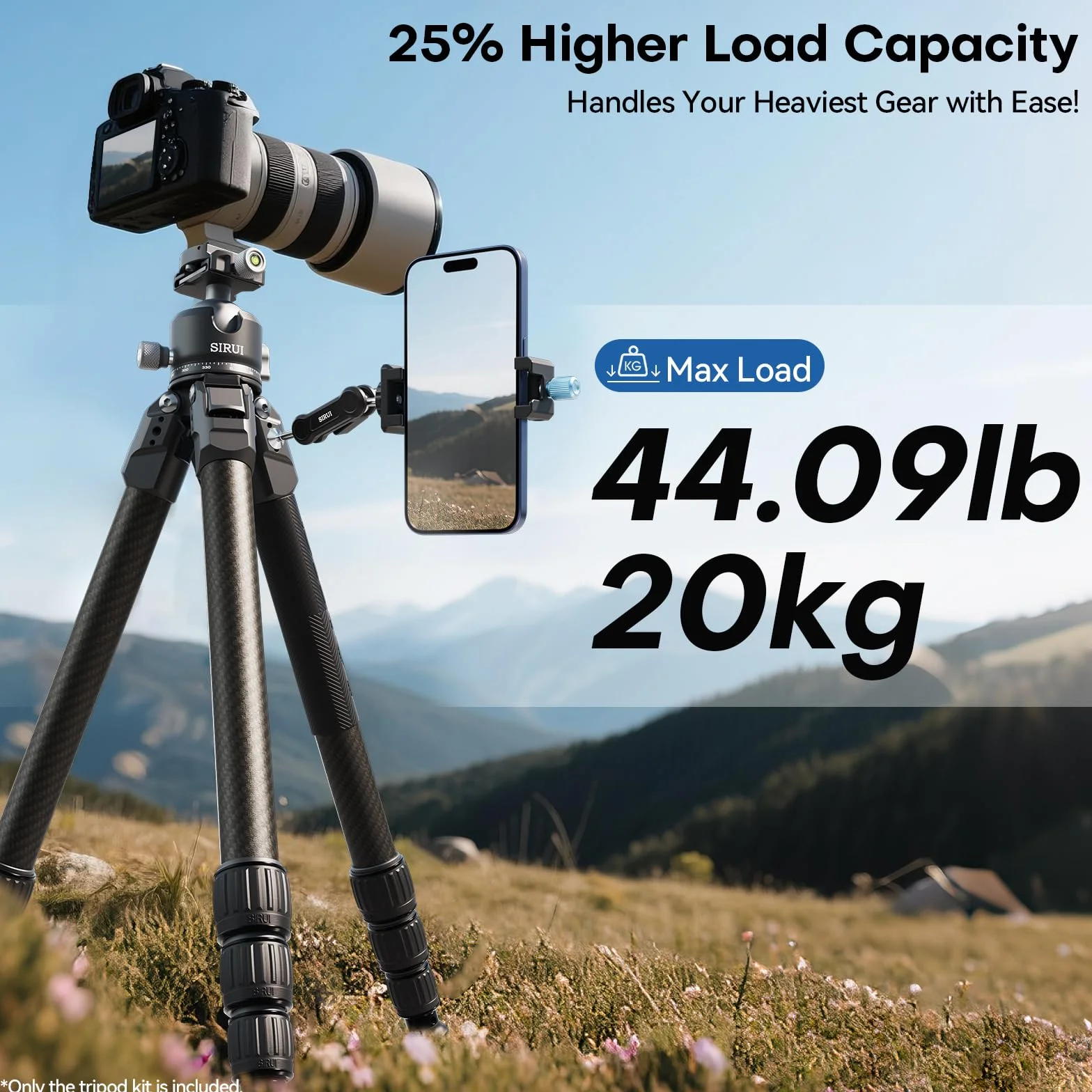 SIRUI Profesjonalny statyw z włókna węglowego z niskoprofilową głowicą kulkową 43mm, maksymalna wysokość 50.4" (128 cm), ładowność 20 kg (44 lbs) - ultra stabilny dla aparatów DSLR, bezlusterkowych