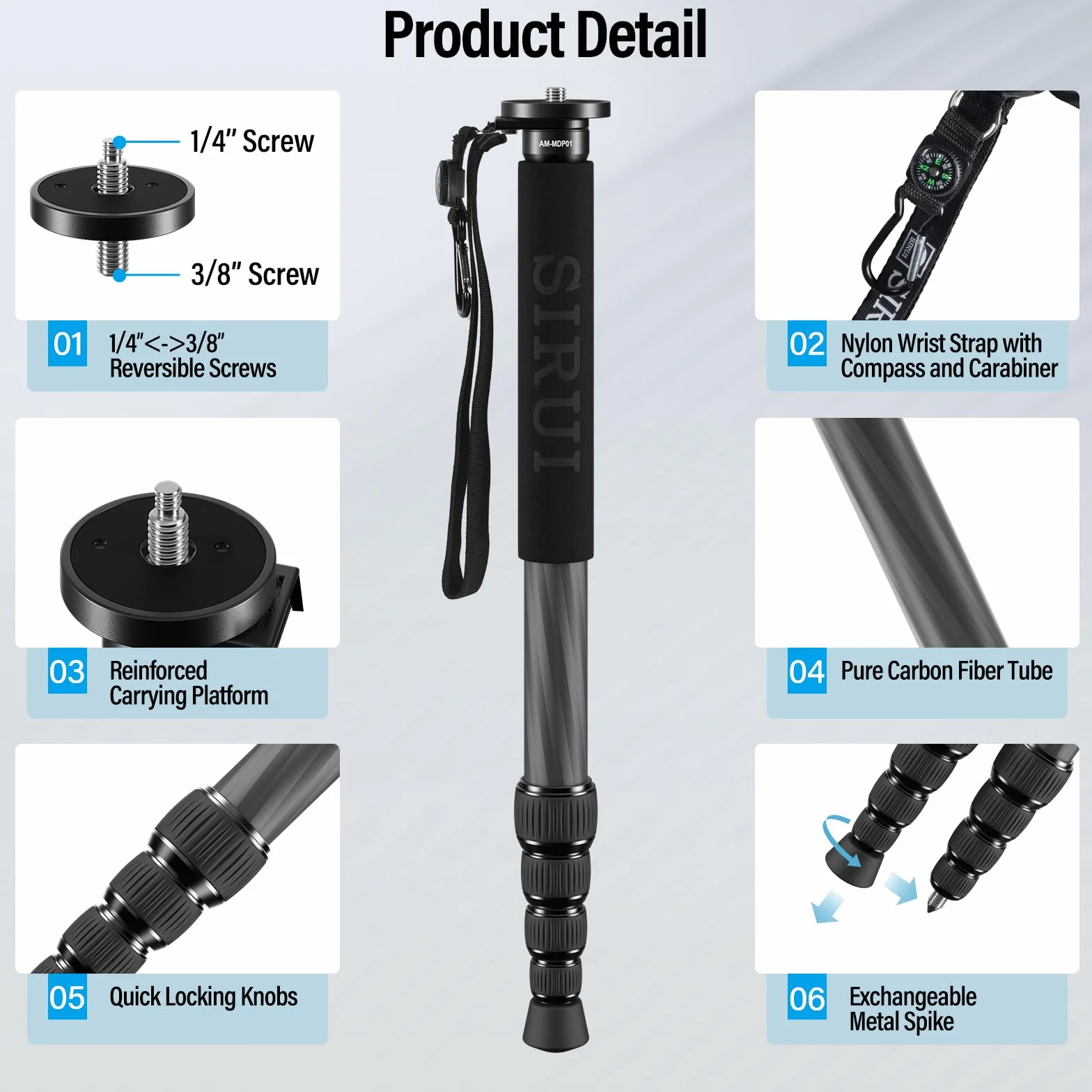 SIRUI Monopod z włókna węglowego do aparatu, kompaktowy, lekki monopod do podróży, 6 sekcji, obciążenie 10 kg, w zestawie uchwyt na telefon (AM-MDP01)