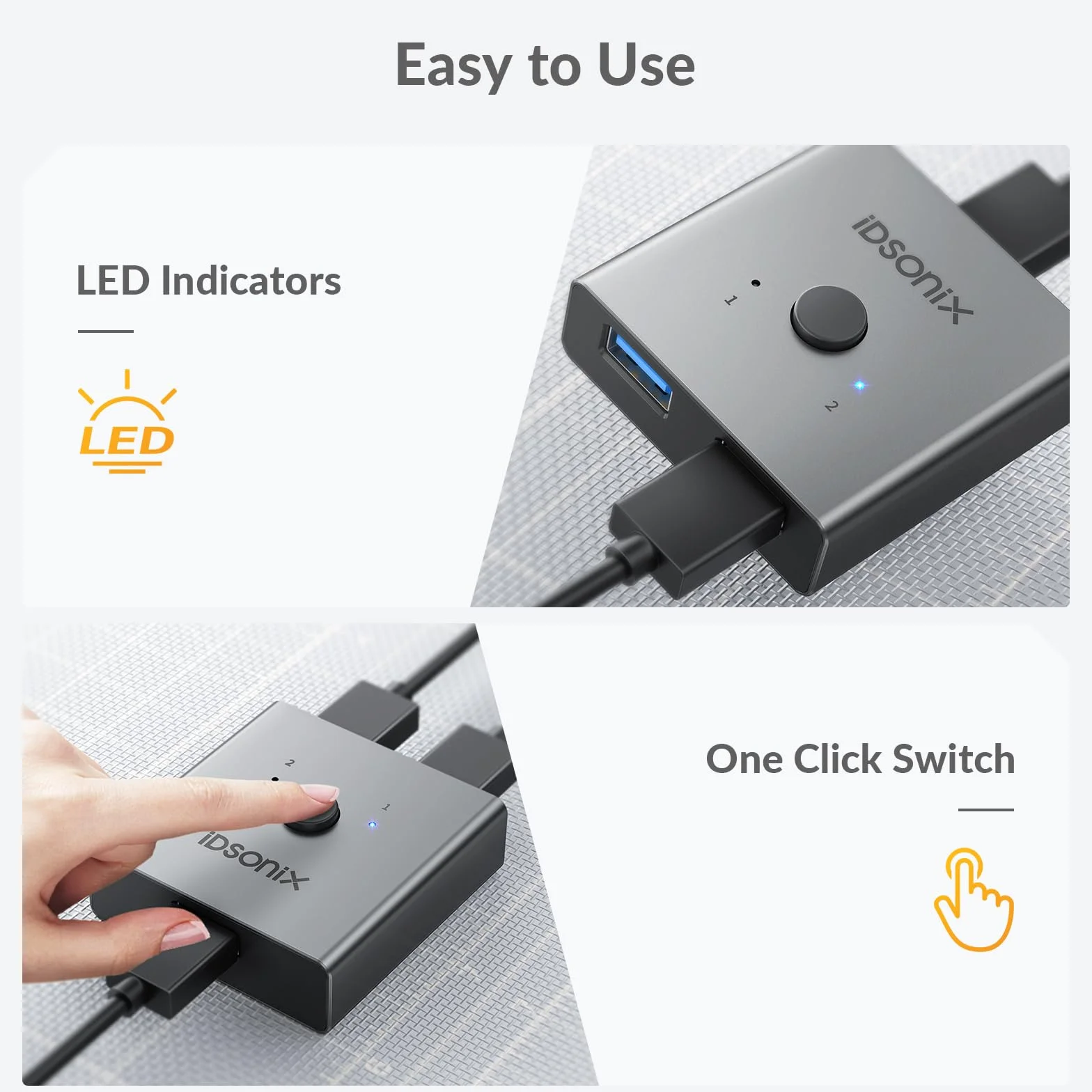 iDsonix Przełącznik USB 3.0 aluminium, 1 w 2 wyjścia (2 w 1 out) dwukierunkowy