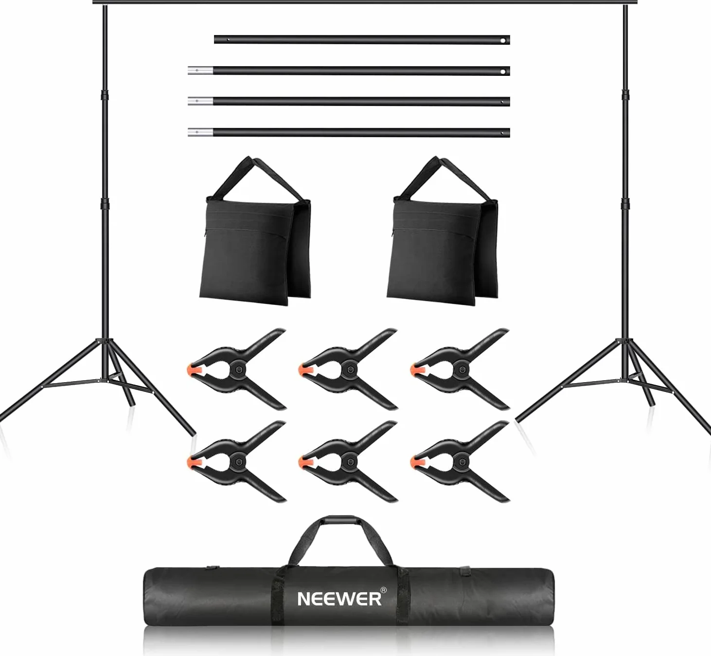 NEEWER Stojak na tło, 3 m x 2,1 m, regulowany system wsparcia do studia fotograficznego, na przyjęcia weselne, portret, fotografia w tle, z 4 poprzeczkami, 6 zaciskami, 2 czarnymi workami z piaskiem i