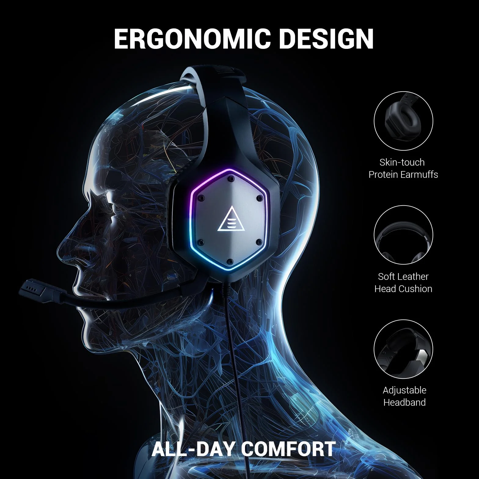 EKSA E1000V2 zestaw słuchawkowy gamingowy, interfejs USB typu C i USB-A, zestaw słuchawkowy z mikrofonem, dźwięk przestrzenny 7.1 i światło RGB, słuchawki gamingowe do PC/PS4/PS5/Mac