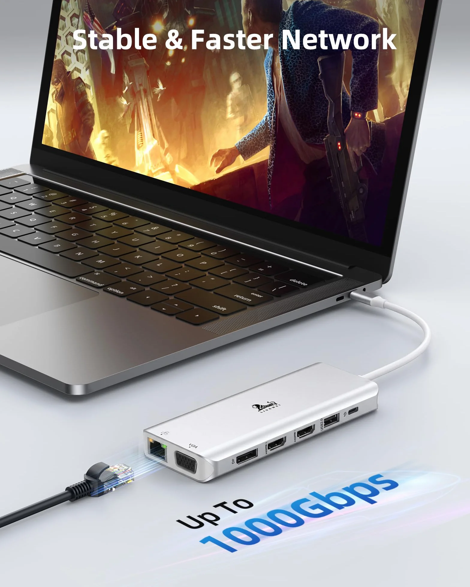 Stacja dokująca USB C 3 monitory 13 w 1 USB-C Hub z 2 HDMI 4K 60 Hz, 8K 30 Hz DisplayPort, VGA, 3 USB 3.1 10 Gb/s, PD 100 W, Gigabit Ethernet, adapter multi-monitora do MacBook Dell HP, kolor srebrny