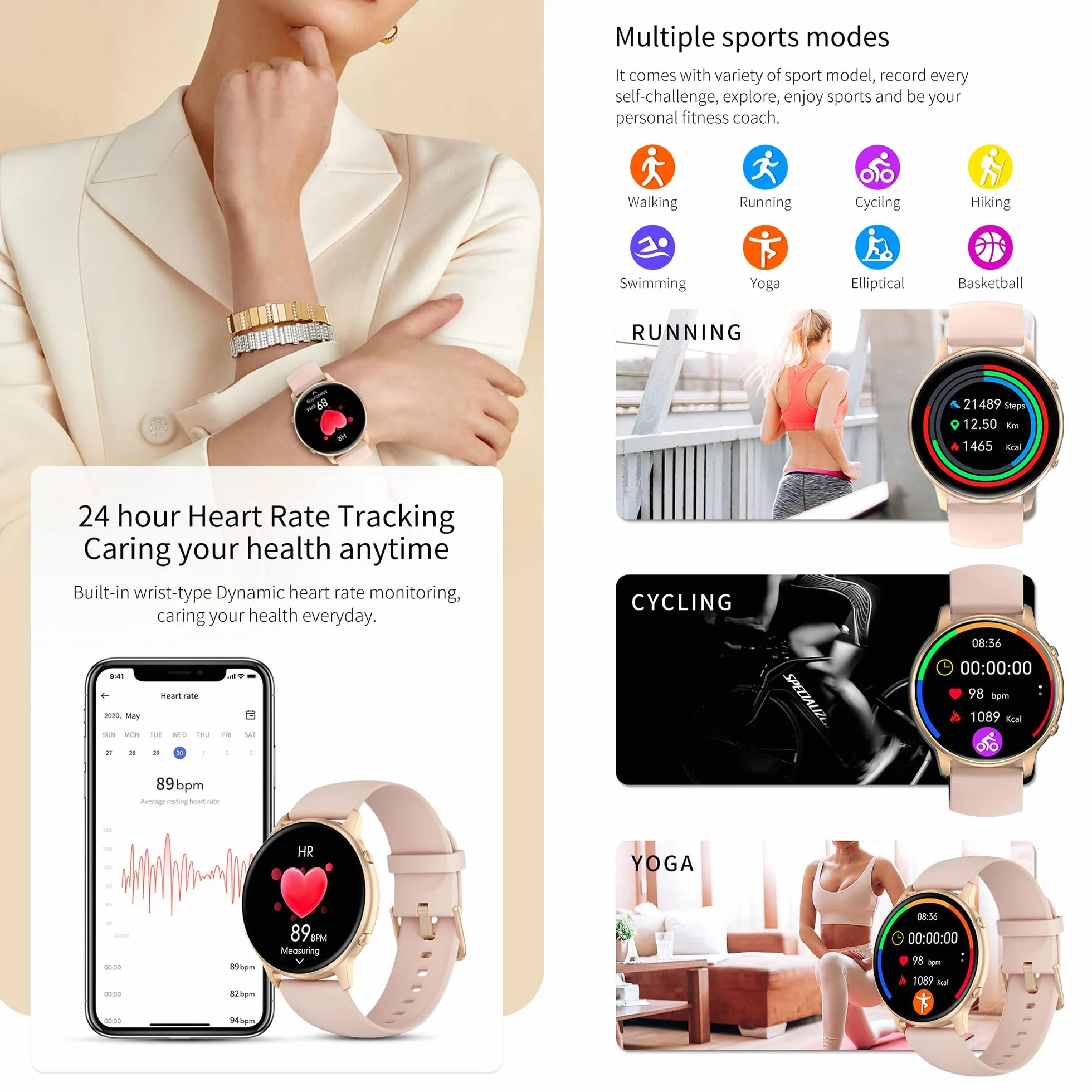 Damski smartwatch, męski smartwatch z pulsometrem, 24 tryby sportowe, SpO2, dziennik menstruacyjny, monitor snu i kalorii, 1,28 cala pełny dotykowy dla Androida i iOS (złoty)
