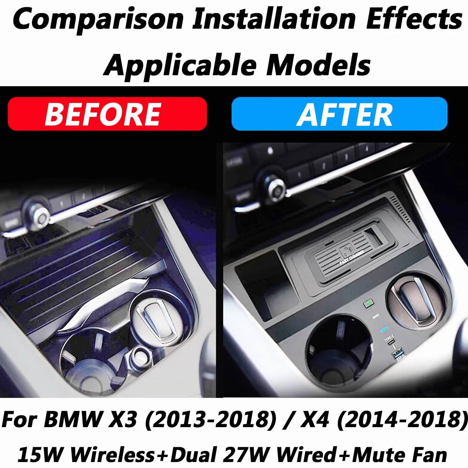 Bezprzewodowa ładowarka Samochodowa dla BMW X3 (2013-2018) / X4 (2014-2018), Podkładka Do Szybkiego ładowania Telefonu O Mocy 15W dla Dowolnego Telefonu Komórkowego Obsługującego Qi
