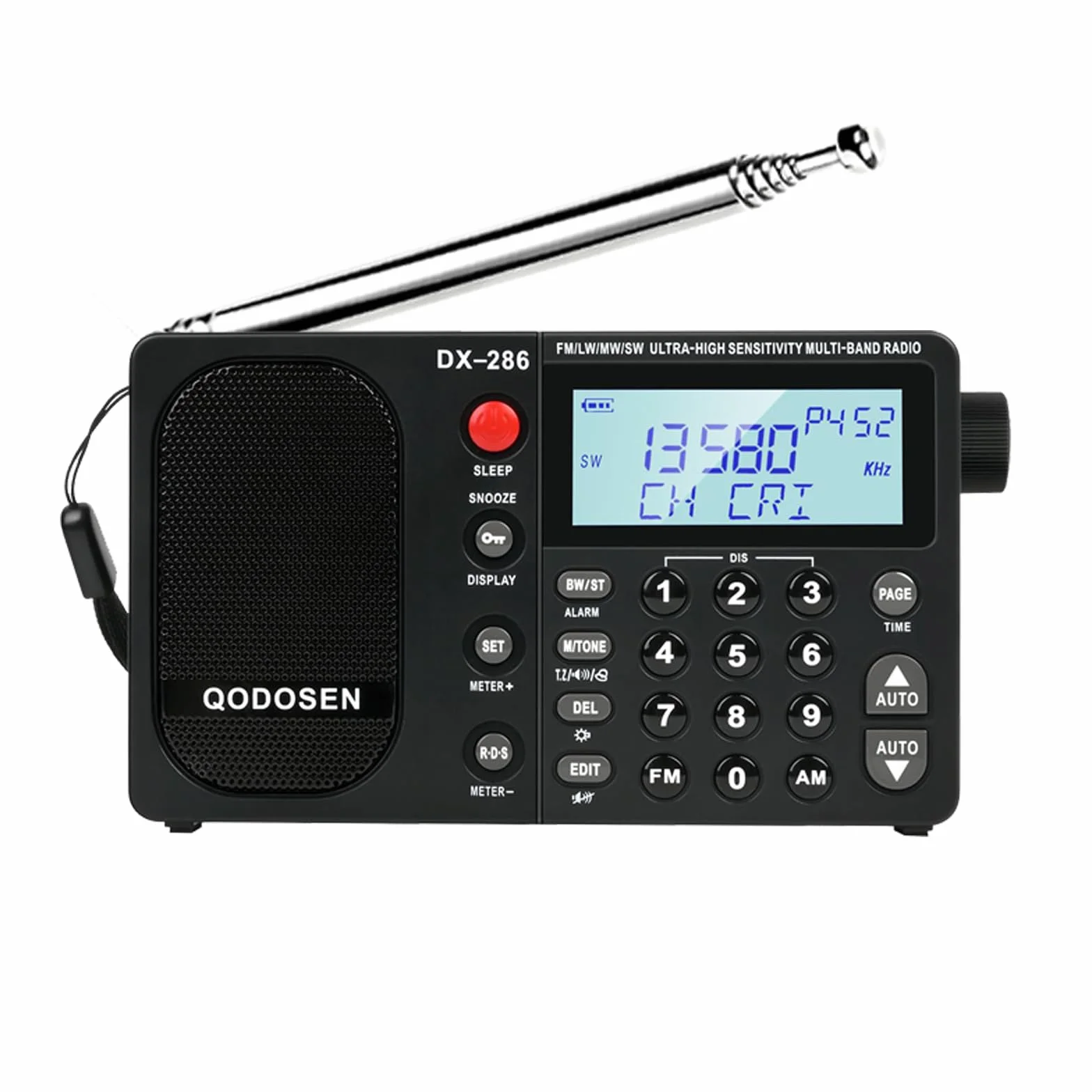 DX-286 Przenośne krótkofalowe radio FM Stereo/AM/LW/SW, pełnozakresowe radio o bardzo wysokiej czułości z chipem TEF6686, wyświetlacz LCD budzik RDS i akumulator 18650 (czarny)