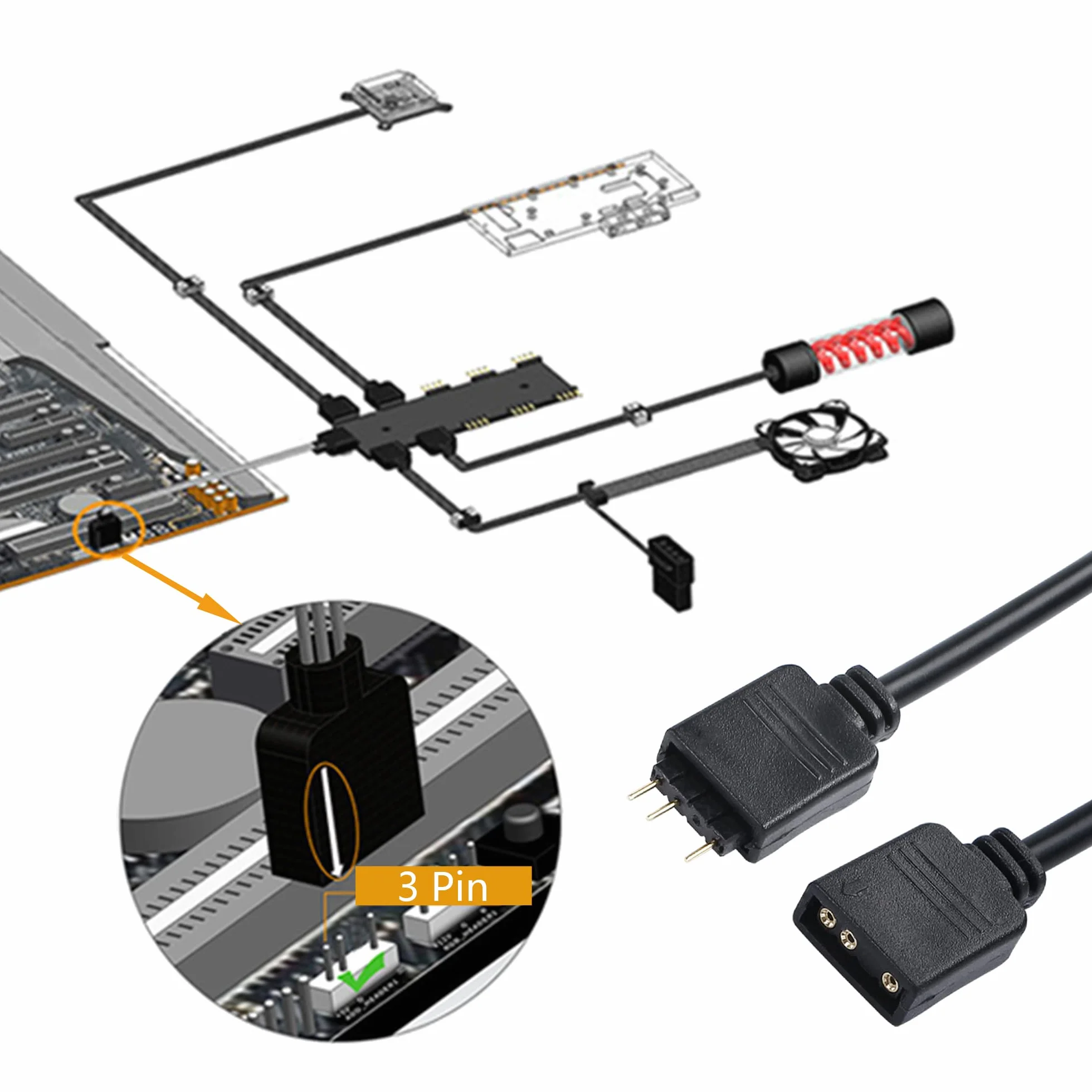 YACSEJAO Kabel rozdzielający ARGB 5 V 3-pinowy adresowalny RGB 1 do 3 kabel rozdzielający z męskimi pinami do obudowy komputera, chłodnicy procesora i wentylatora ARGB 5 V
