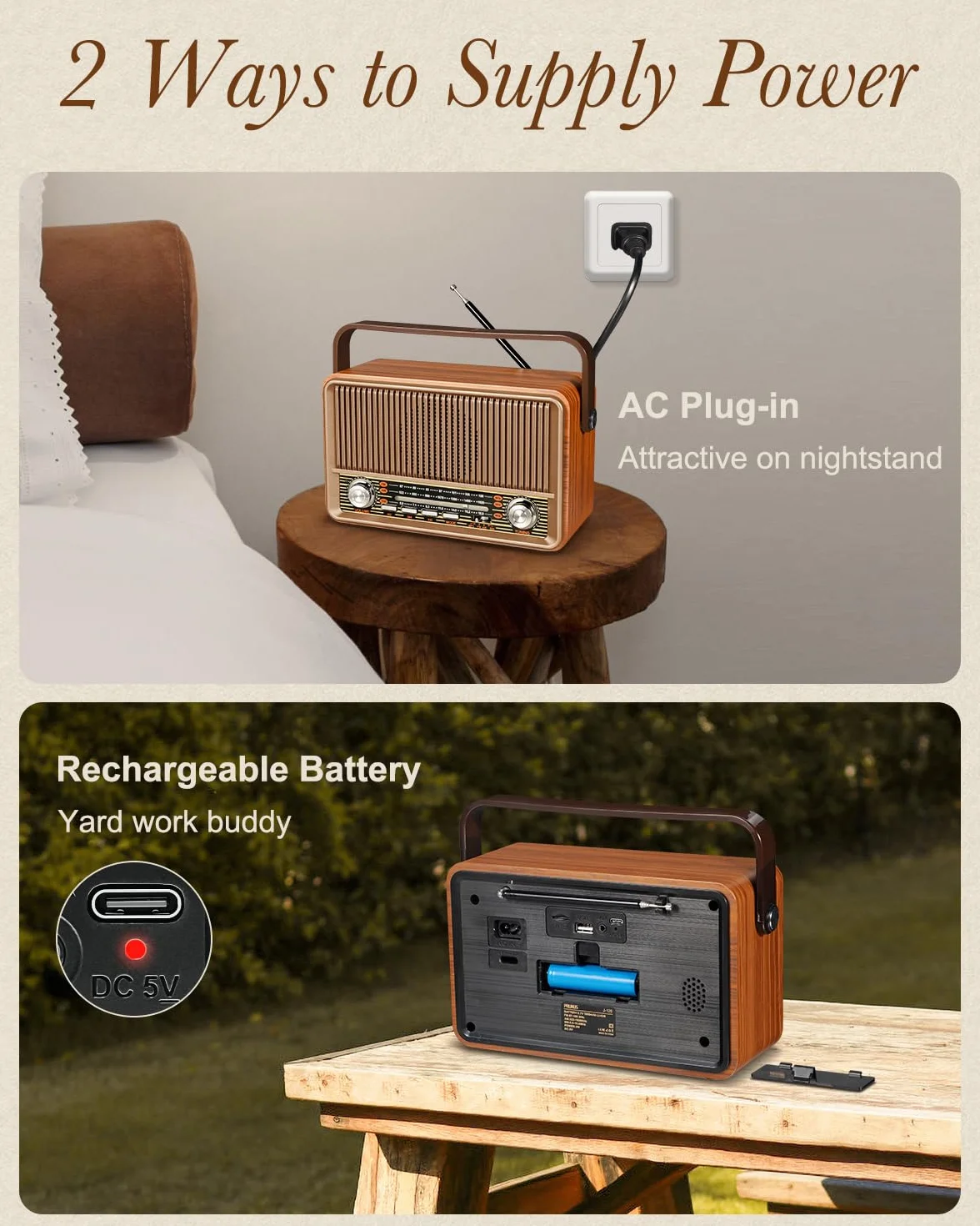 PRUNUS J-120 AM/FM/SW retro małe radio z akumulatorem 1800 mAh lub prądem AC, kuchenne, nostalgiczne z Bluetooth, obsługuje USB/TF/AUX, proste dla seniorów.