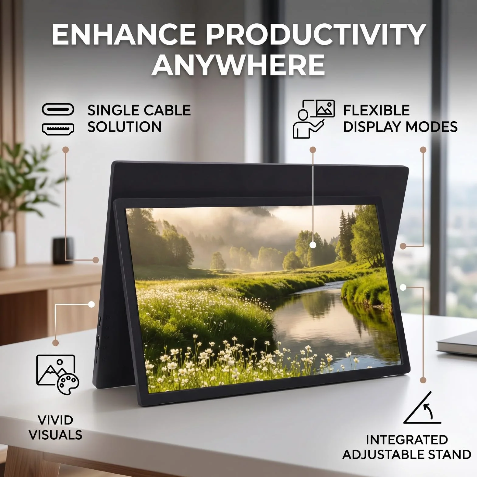 Przenośny Monitor, 15,6-calowy Monitor Podróżny 1080P USB C HDMI, Wbudowana Podstawa VESA, Zewnętrzny Ekran do Laptopów, Komputerów Stacjonarnych, Pokładu Parowego, Konsoli do