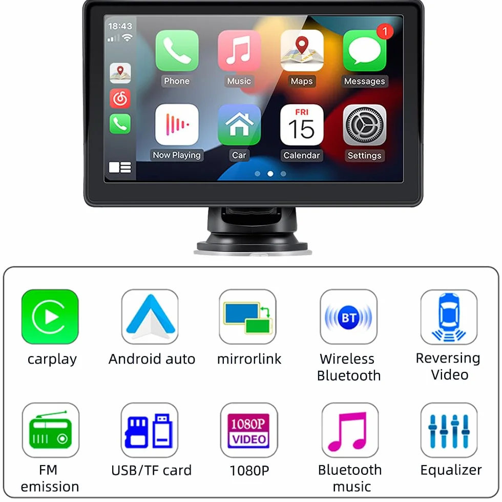sunweyer Sunweyer Bezprzewodowy ekran samochodowy Carplay i Android, przenośne radio samochodowe, ekran dotykowy IPS 7", obsługa kamery cofania 1080p i nadajnik Bluetooth/AUX/FM