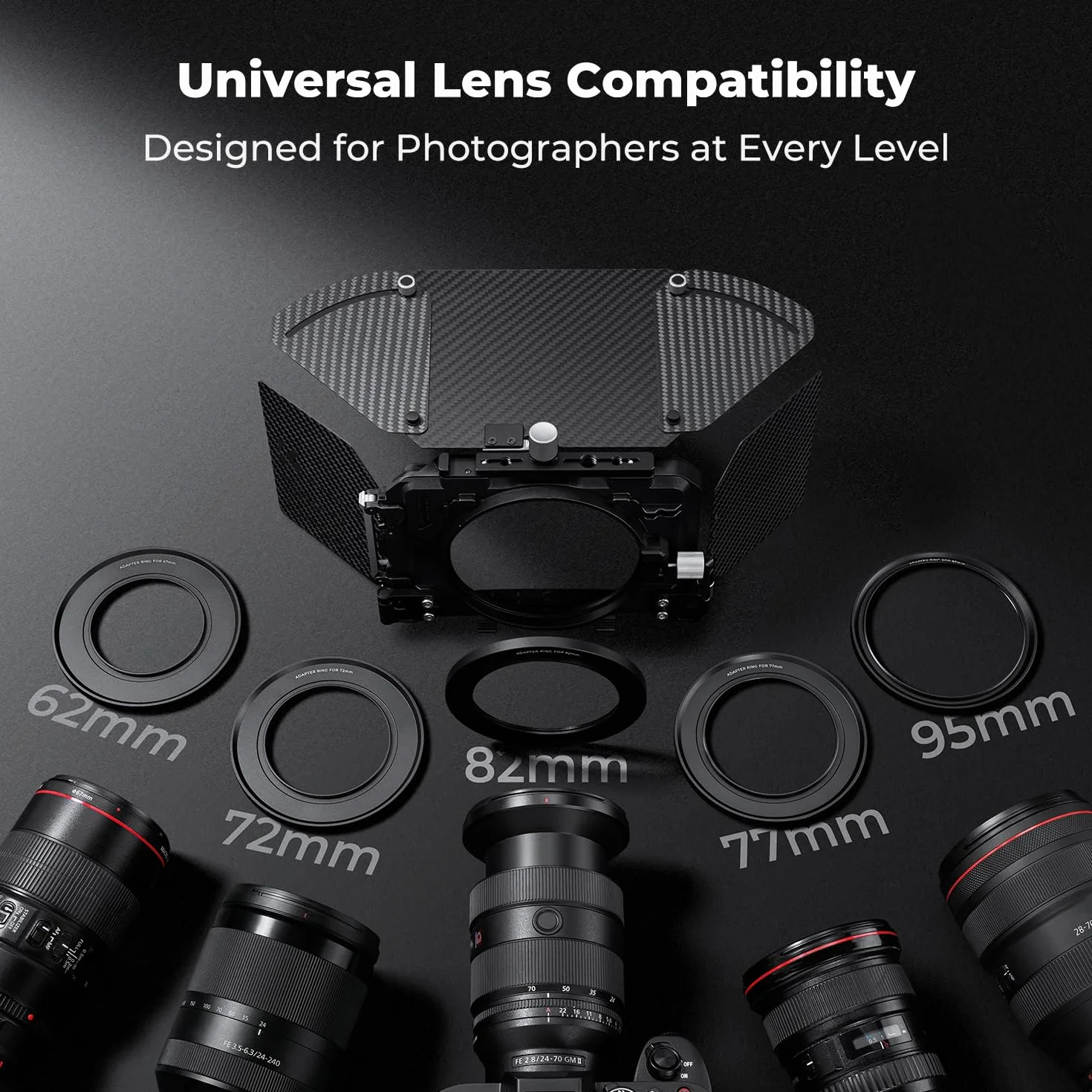 K&F CONCEPT Nano-X Pro Mini Matte Box z boczną klapką z włókna węglowego na górze, z kwadratowymi miseczkami filtrującymi 10,2 x 14,6 cm i pierścieniami adaptera obiektywu 67/72/77/82/95 mm do