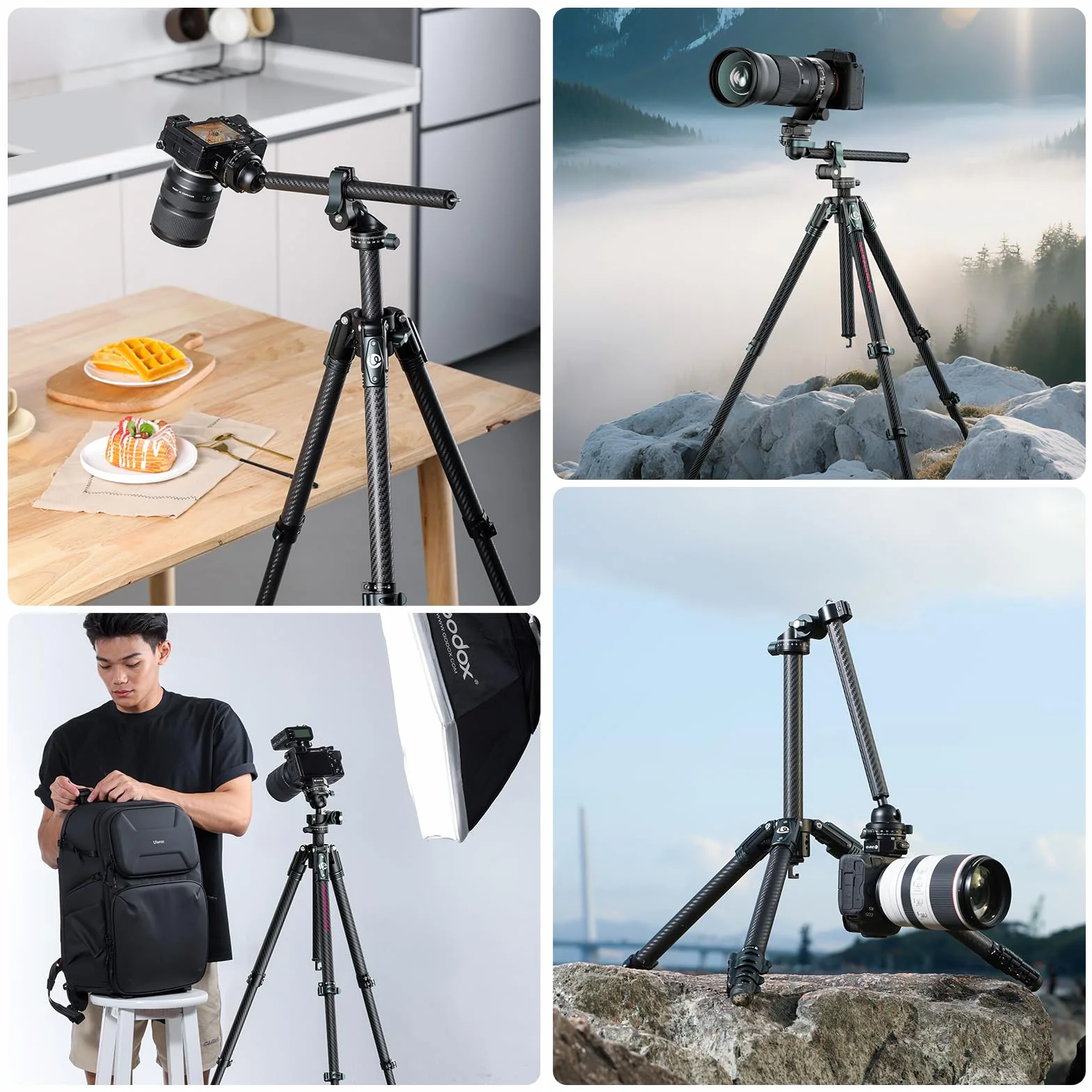 Ulanzi GlideGo JJ05 statyw fotograficzny z włókna węglowego z wychylnym ramieniem – lekki statyw podróżny o nośności do 18 kg, wysokość 184 cm, głowica kulowa z płytą szybkiego montażu Uka, do