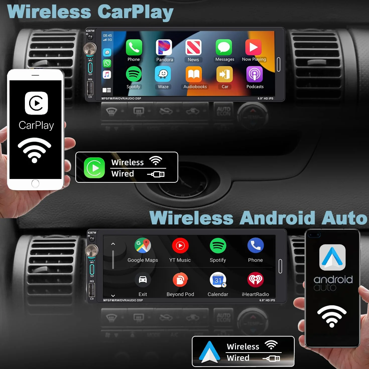 Radio samochodowe 1 DIN z ekranem (6,9 cala) kompatybilne z Apple CarPlay [bezprzewodowe] /Android Auto Bluetooth FM/RDS Radio USB (typ C szybkie ładowanie 2,1 A), kamera cofania