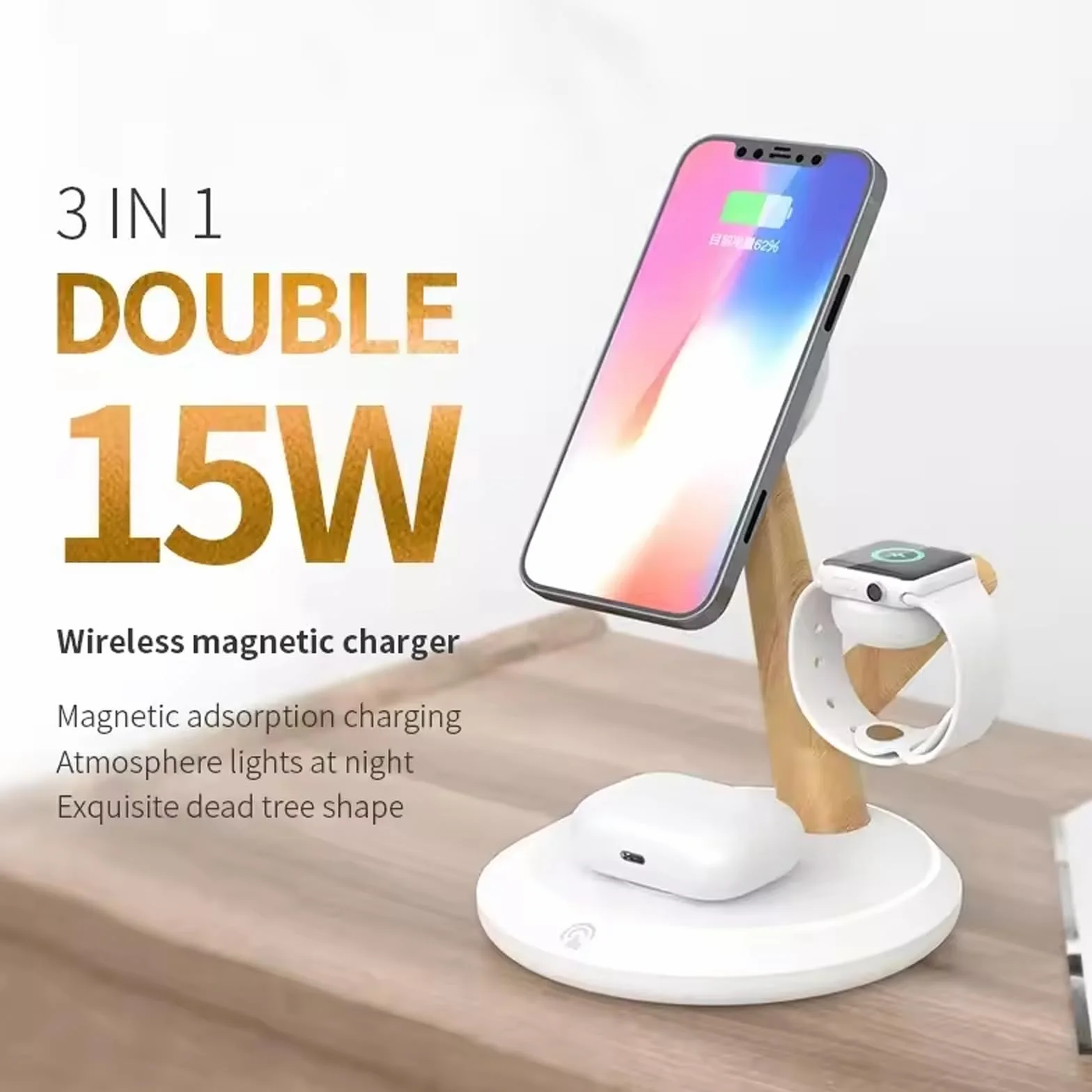 Podstawa do bezprzewodowej ładowarki 3 w 1, stacjonarna stacja ładująca - 15 W, magnetycznie mocowana podkładka ładująca, automatyczne ładowanie indukcyjne z certyfikatem Qi,C
