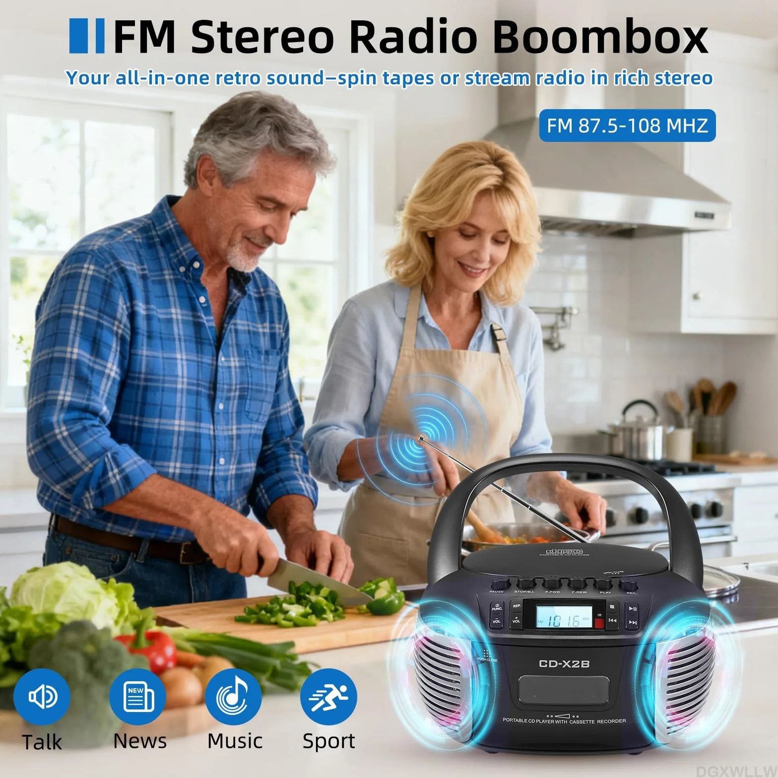 Zestaw odtwarzaczy CD i kasetowych, odtwarzacz CD Boombox z radiem FM/Bluetooth/AUX/USB/nagrywanie taśmy, pilot zdalnego sterowania, gniazdo słuchawkowe, wyświetlacz LCD, podwójny dźwięk