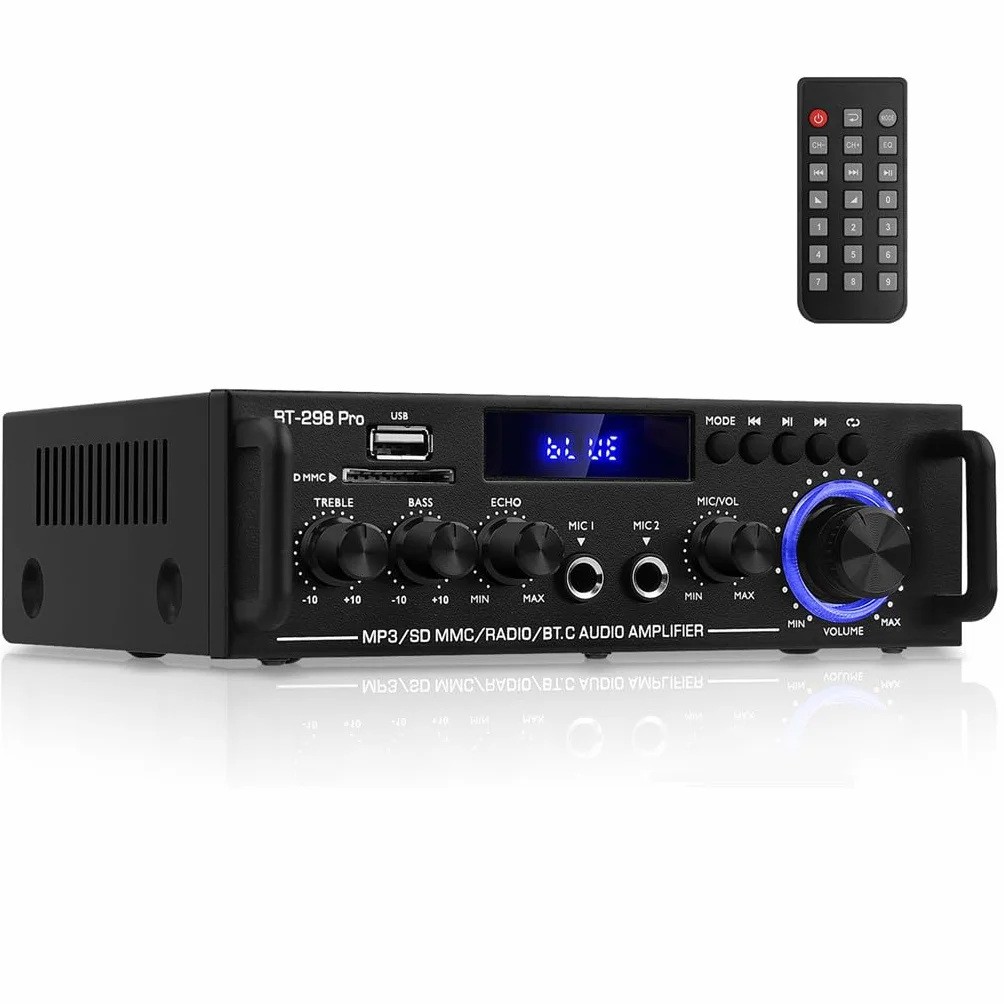Wzmacniacz audio stereo HiFi, 2.0-kanałowy wzmacniacz głośnika Bluetooth 5.0, BT-298pro 50Wx2 Max 600 W Mini wzmacniacz samochodowy cyfrowy odbiornik mocy HiFi z Echo, MIC, USB, FM