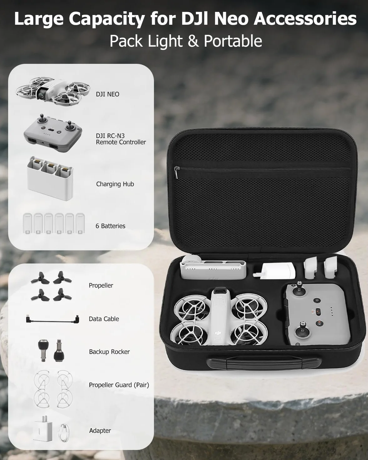 torba na drona DJI Neo, przenośna torba na przechowywanie, etui PU do podróży na DJI Neo i akcesoria do baterii pilota RC-N3, Czarny