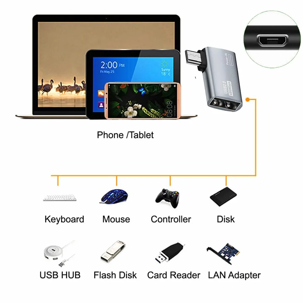 Micro USB 2.0 na typ A żeński adapter hosta OTG 90 stopni kąt prosty z zasilaniem USB do telefonu tabletu