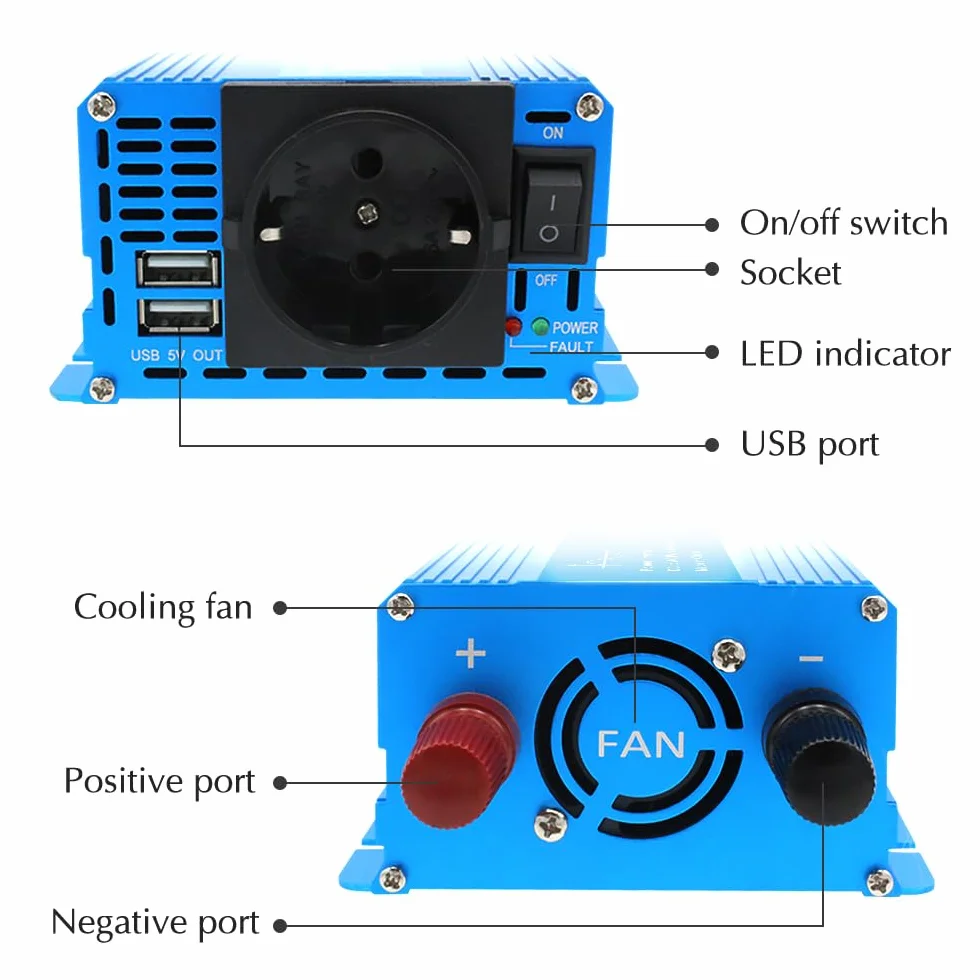 Yinleader 24 V na 230 V, 600 W/1200 W, czysty falownik sinusoidalny, przetwornica napięcia do samochodów ciężarowych i przyczep kempingowych, z podwójnym USB i gniazdkiem, kompaktowy przetwornik prądu