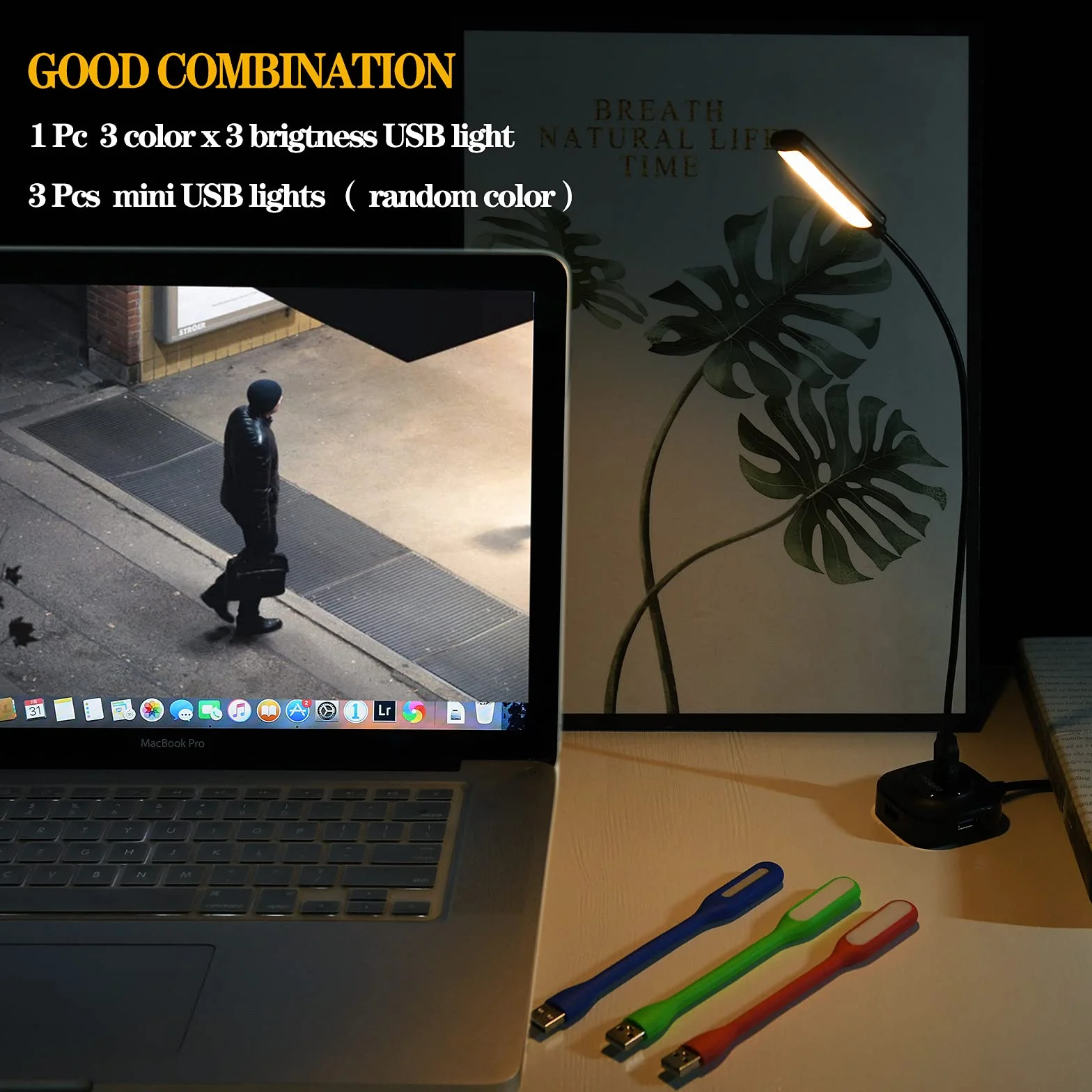Lampa do czytania USB lampa klawiatury do laptopa regulowana gęsia szyja 3 kolory x 3 jasność USB lampa 1 sztuka + 3 mini lampy LED (1+3)