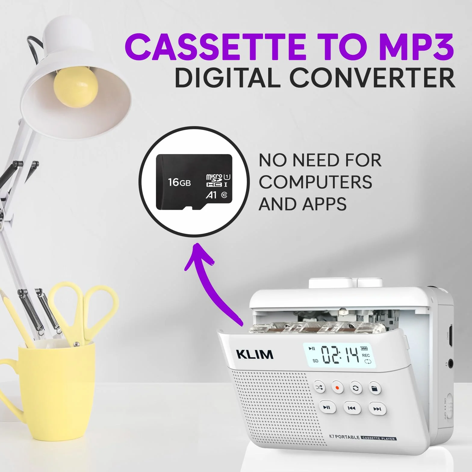 KLIM K7 Magnetofon kasetowy - konwerter kasety na MP3 - przenośny - wbudowany mikrofon i głośnik - akumulator - słuchawki - karta SD 16 GB - biały
