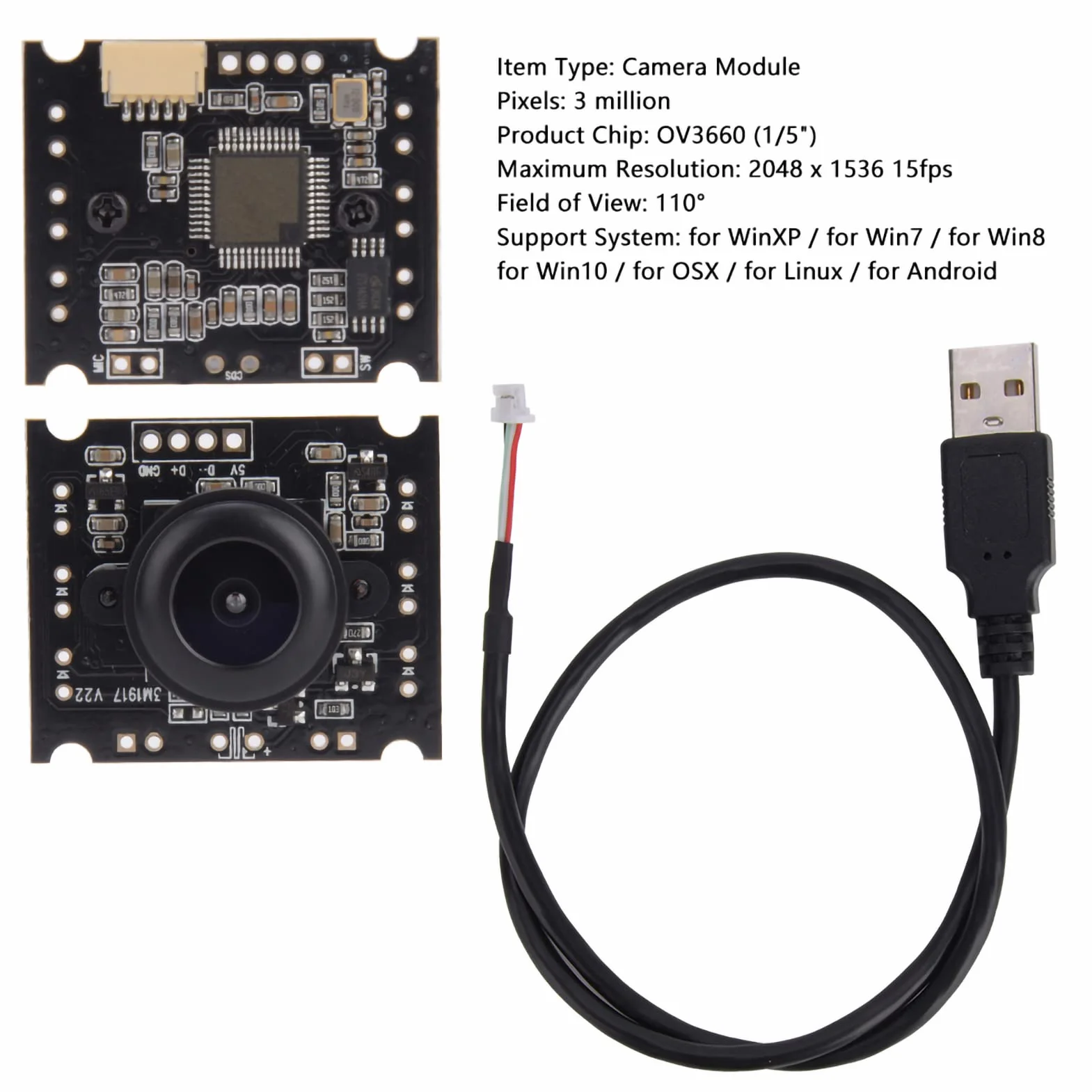 OV3660 Chip USB moduł kamery, szerokokątny moduł kamery 110° HD High Frame 2048 x 1536 15 kl./s, obsługa 110°, mobilny OTG, wyjście USB 2.0, uniwersalny moduł kamery