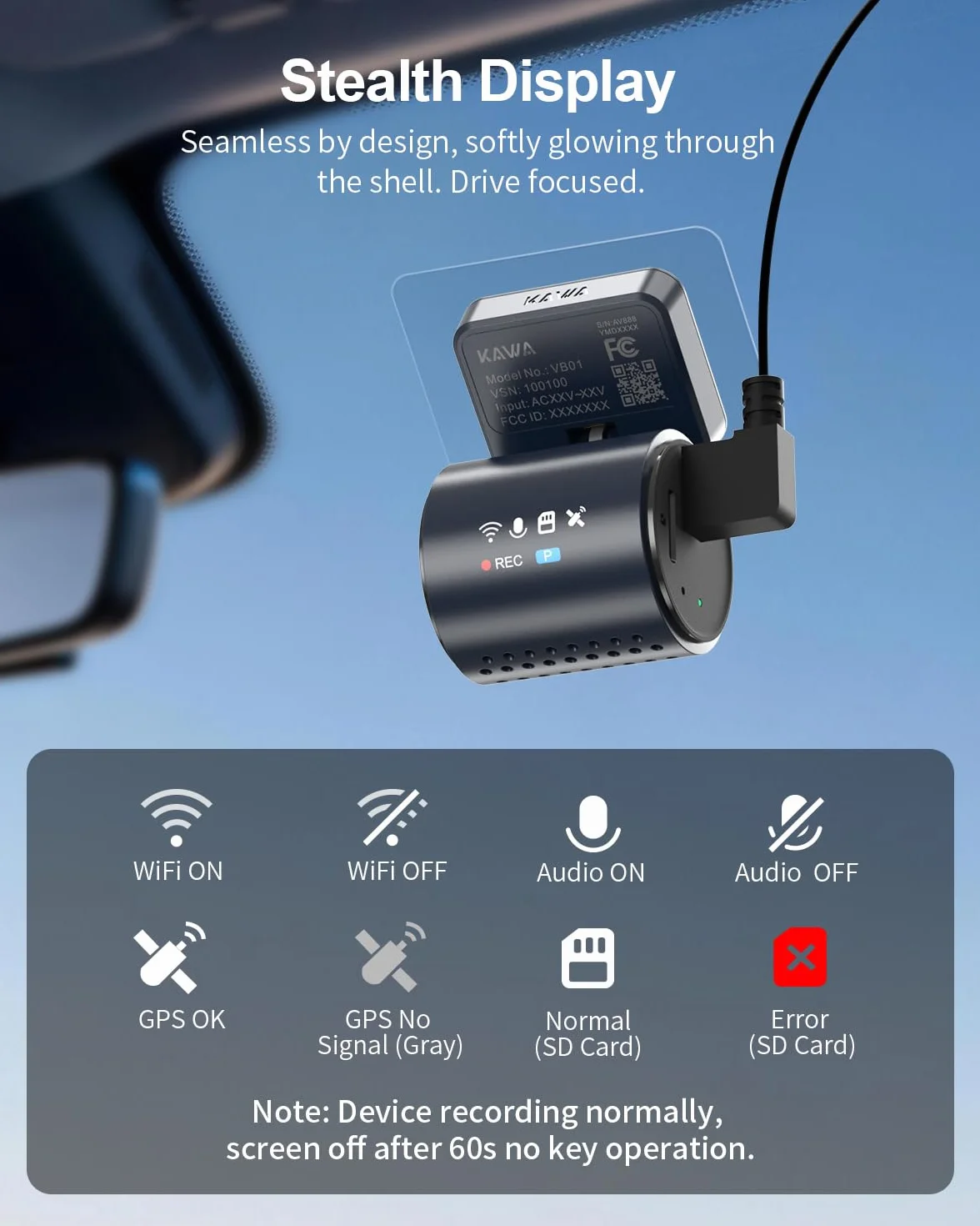 KAWA 4K Mini Kamera Samochodowa z Ukrytym Wyświetlaczem, GPS i WiFi 6 | 2K HDR, Widzenie Nocne, APP, G-Sensor, Nagrywanie Pętla, 24/7 Park, 256GB