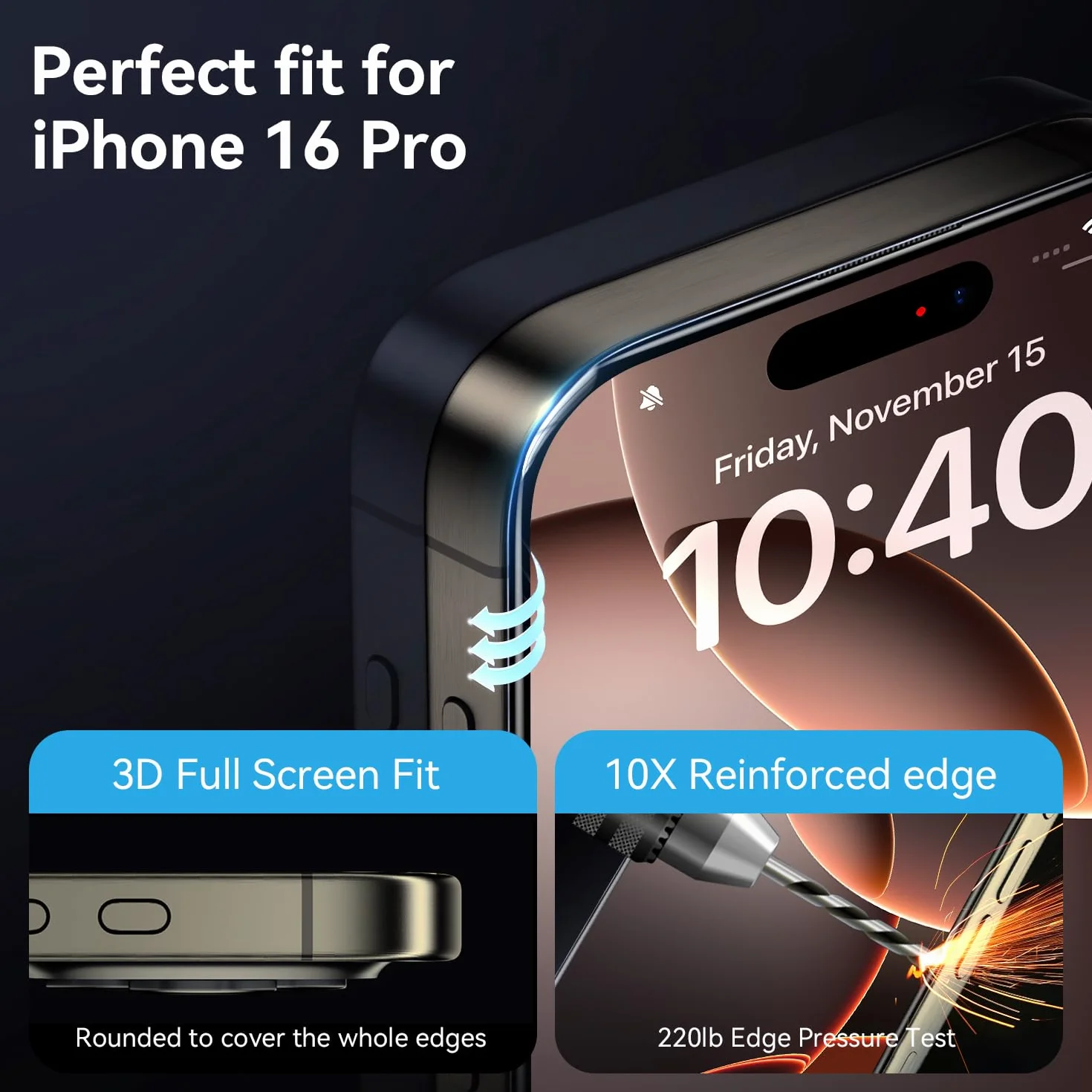 X-it 2-pak ochraniaczy ekranu do iPhone'a 16 Pro (6,3 cala), szkło hartowane 9H+, automatyczne usuwanie kurzu, ochrona klasy wojskowej, bez pęcherzyków powietrza, pełne pokrycie, przyjazna dla obudowy