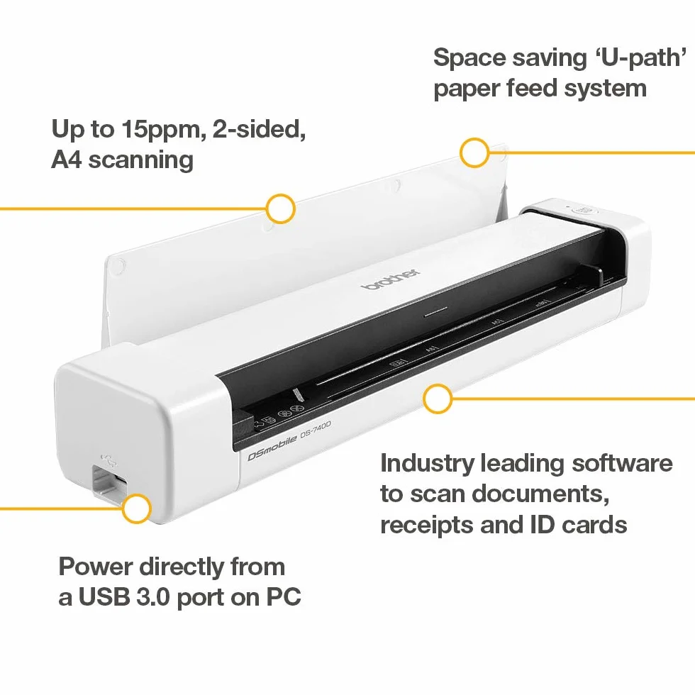 Brother DS-740D skaner dokumentów, USB 3.0, DSMobile, przenośny, skanowanie dwustronne, 15 PPM, skaner A4, w zestawie kabel micro USB, biały