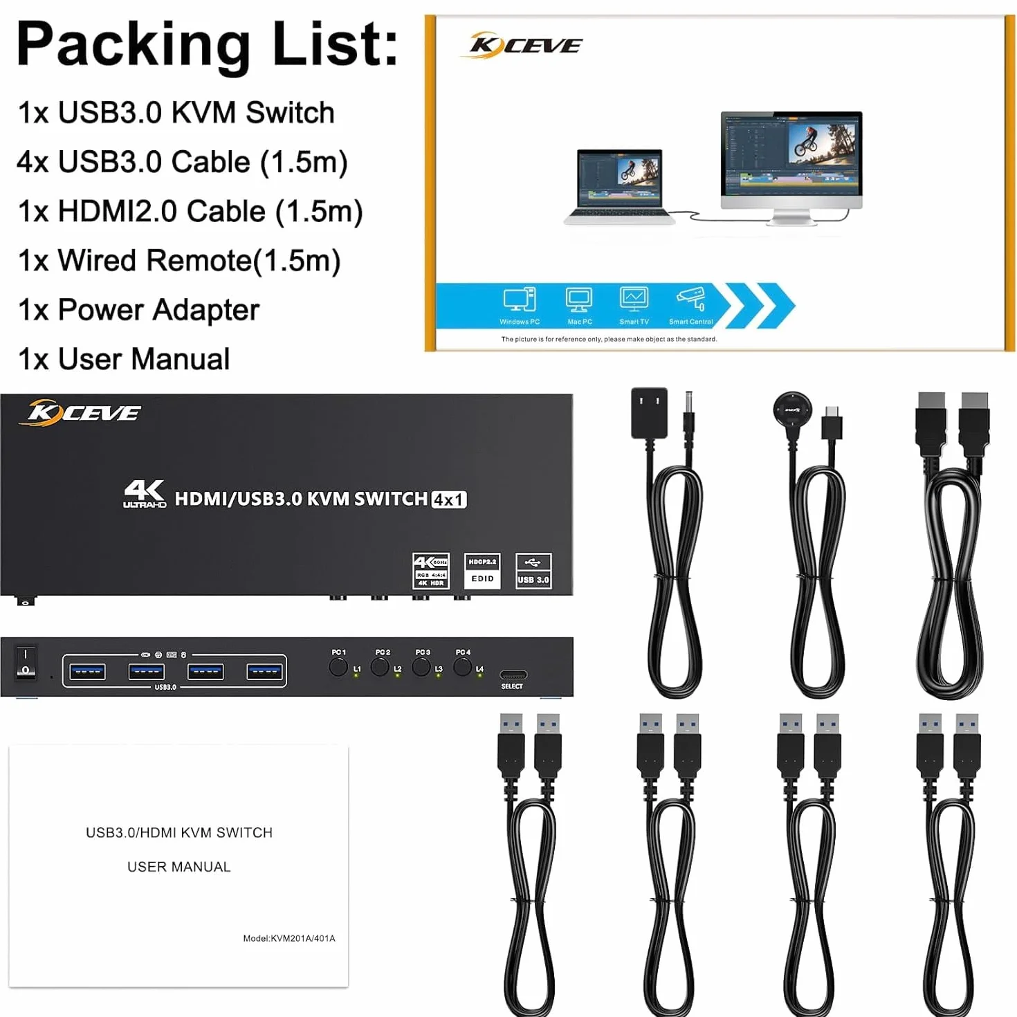 KVM Switch 4 PC 1 monitor HDMI symulacja EDID, 4K 60Hz, USB 3.0 KVM Switch HDMI 4 porty do 4 części PC, 1 monitor i 4 urządzenia USB 3.0, z przewodowym pilotem, 5 kabli i zasilaczem sieciowym