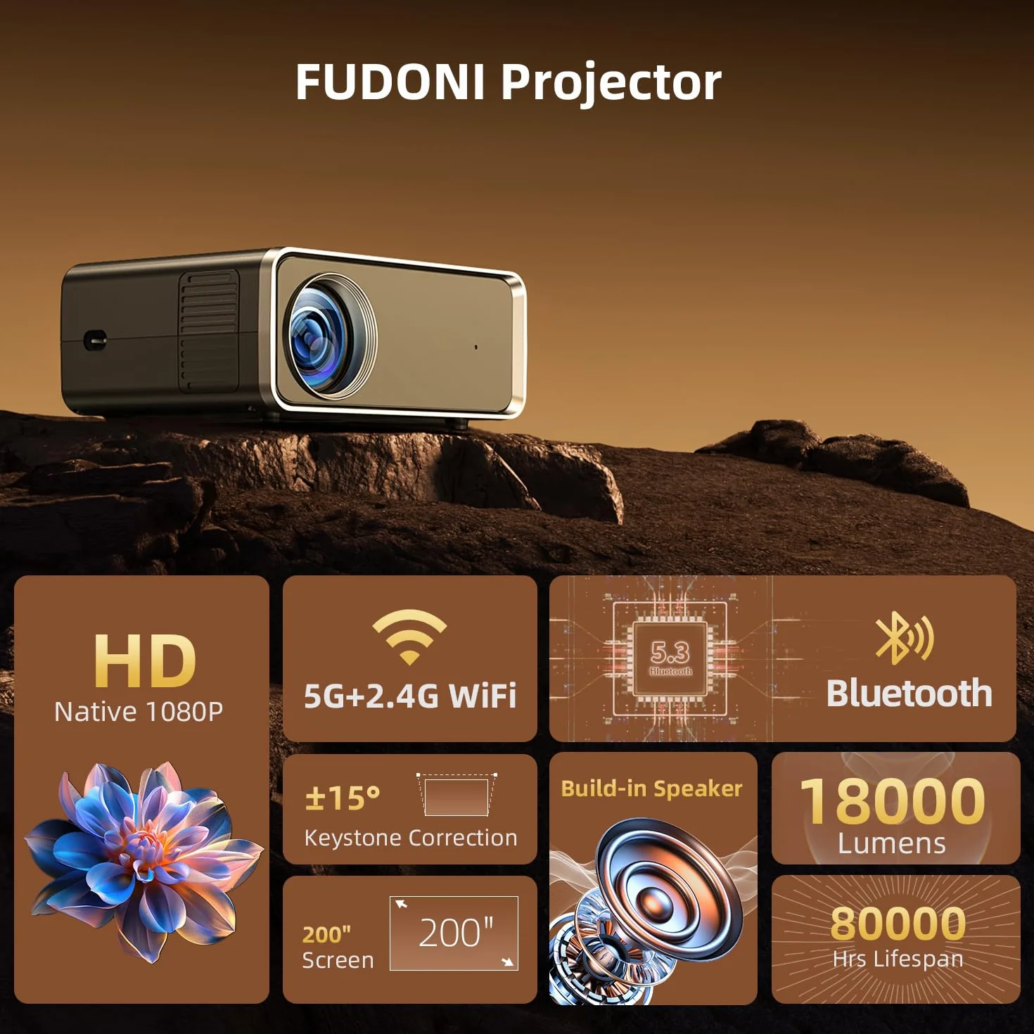 FUDONI Projektor z obsługą WiFi i Bluetooth 4K, ulepszone zewnętrzne projektory filmowe 16000 l, natywny 1080p FHD, projektor wideo do kina domowego, kompatybilny z HDMI/USB/iOS/Android/Windows/TV