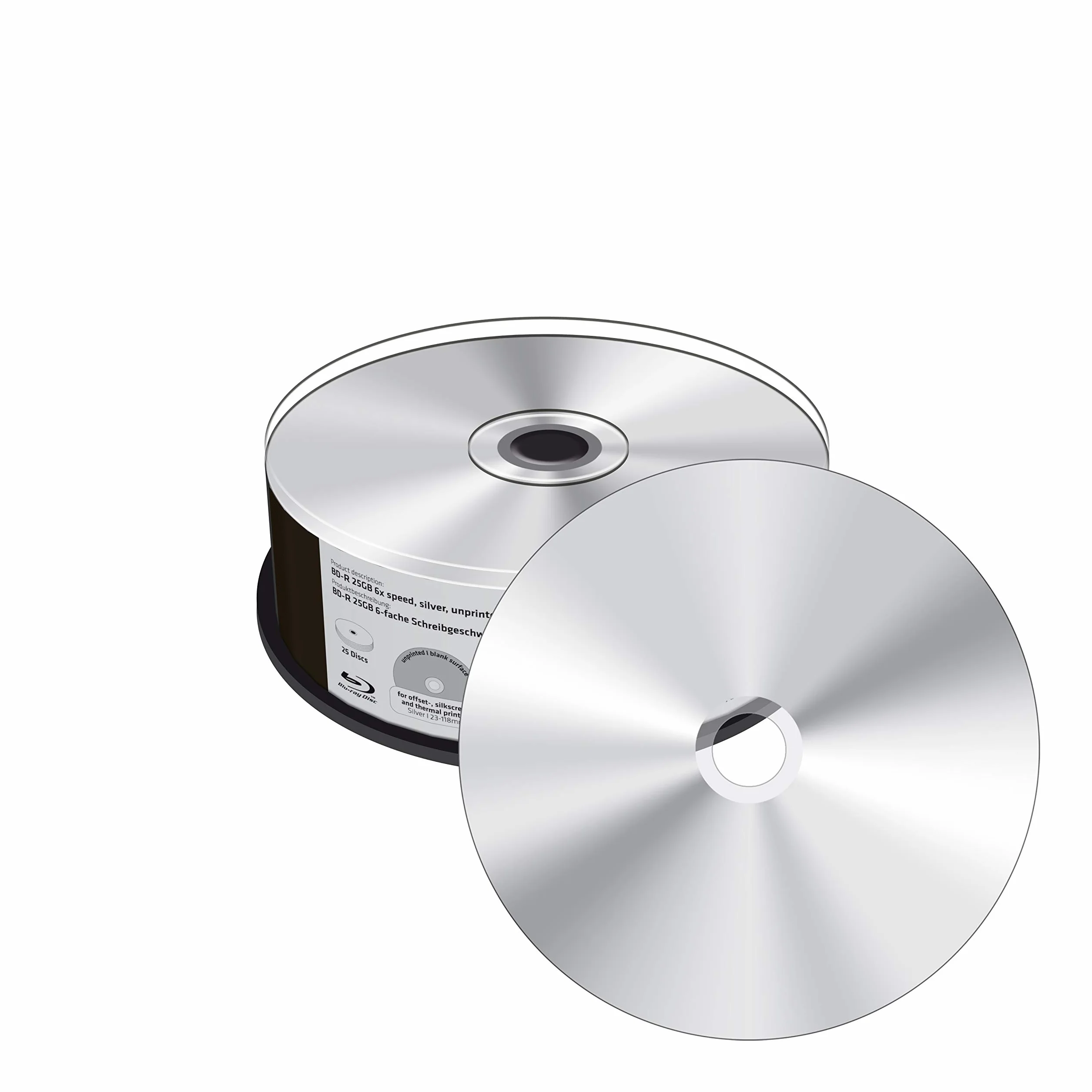 BD-R 25 GB 6-krotna prędkość zapisu, srebrny, niezadrukowany/pusty, w pełni metalizowany, 25 sztuk Cakebox