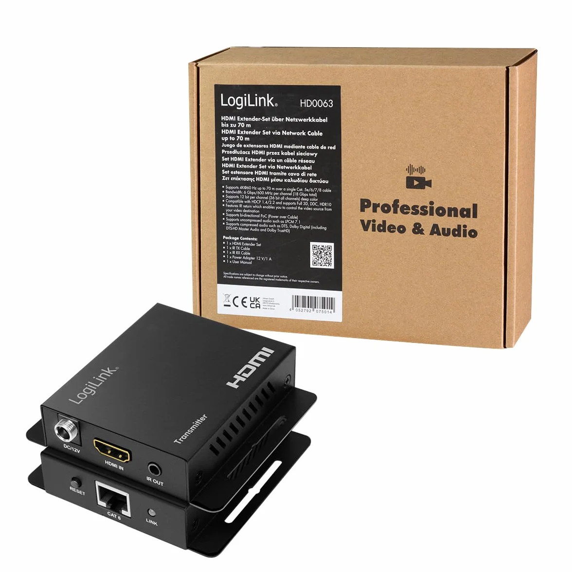 LogiLink HD0063 - przedłużacz HDMI/zestaw przedłużający przez LAN do 70 m, rozdzielczość 4K/60 Hz i Full 3D, EDID, HDR, HDCP, POC, IR