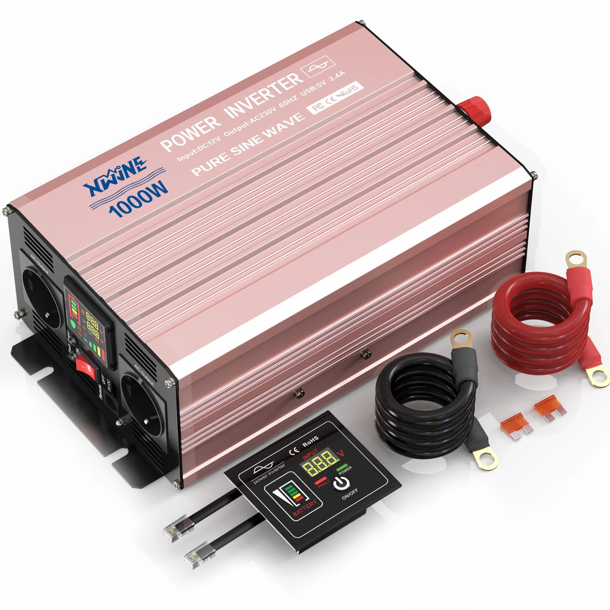 XWJNE Falownik 1000 W, 12 V na 230 V, czysty sinus, przetwornica napięcia z 2 gniazdami UE i 1 przyłączem USB, przekładnik prądu do samochodu, ładowania telefonów komórkowych, laptopów i innych