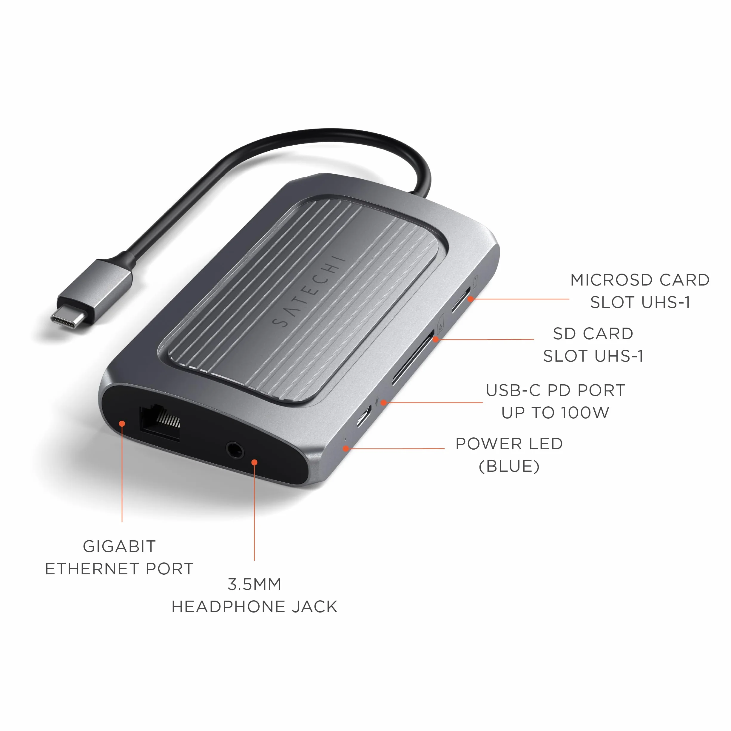 SATECHI hub wieloportowy USB-C 9 w 1, HDMI 8K, PD 100 W, szary | Gigabit Ethernet, audio 3,5 mm, czytniki SD/microSD UHS-I, do MacBooka, iPada i komputerów z Windows