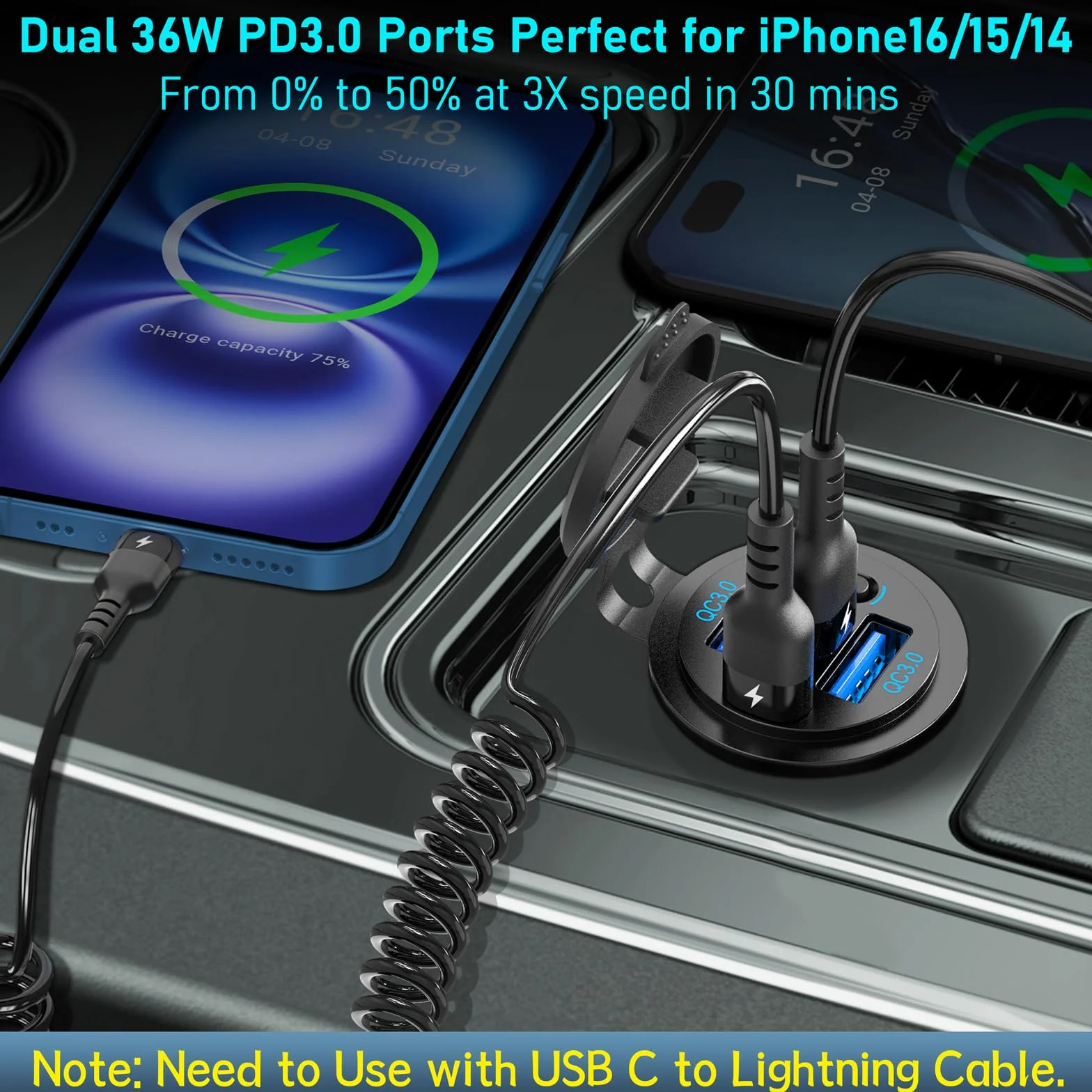 12V USB C Outlet 90W 4 Ports Car Charger Socket, Dual PD 36W i Dual QC 18W Car USB Port 12V Ładowarka z przełącznikiem przyciskowym i kablem C do C, nadaje się do łodzi morskiej autobusowej ciężarówki