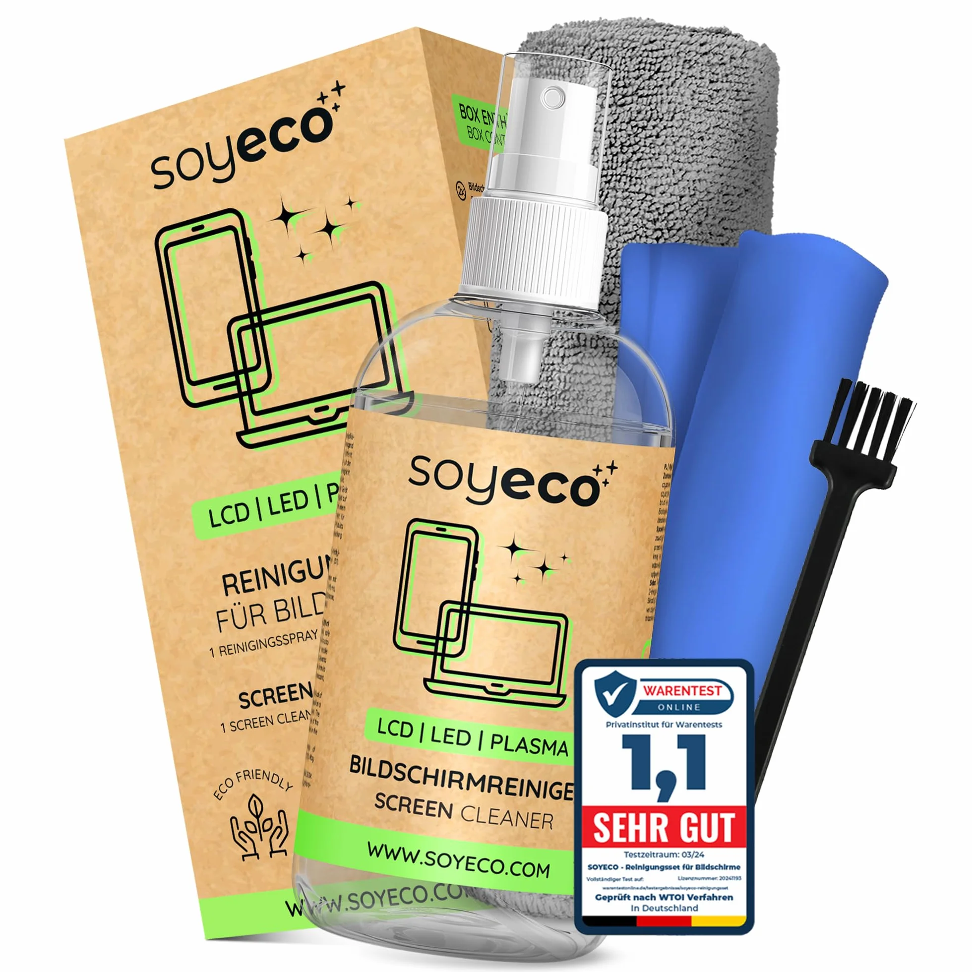 Zestaw czyszcz¹cy SOYECO ECO - p³yn do czyszczenia ekranu 250 ml + 2 œciereczki z mikrofibry + szczoteczka do klawiatury - do kompleksowej pielêgnacji urz¹dzeñ