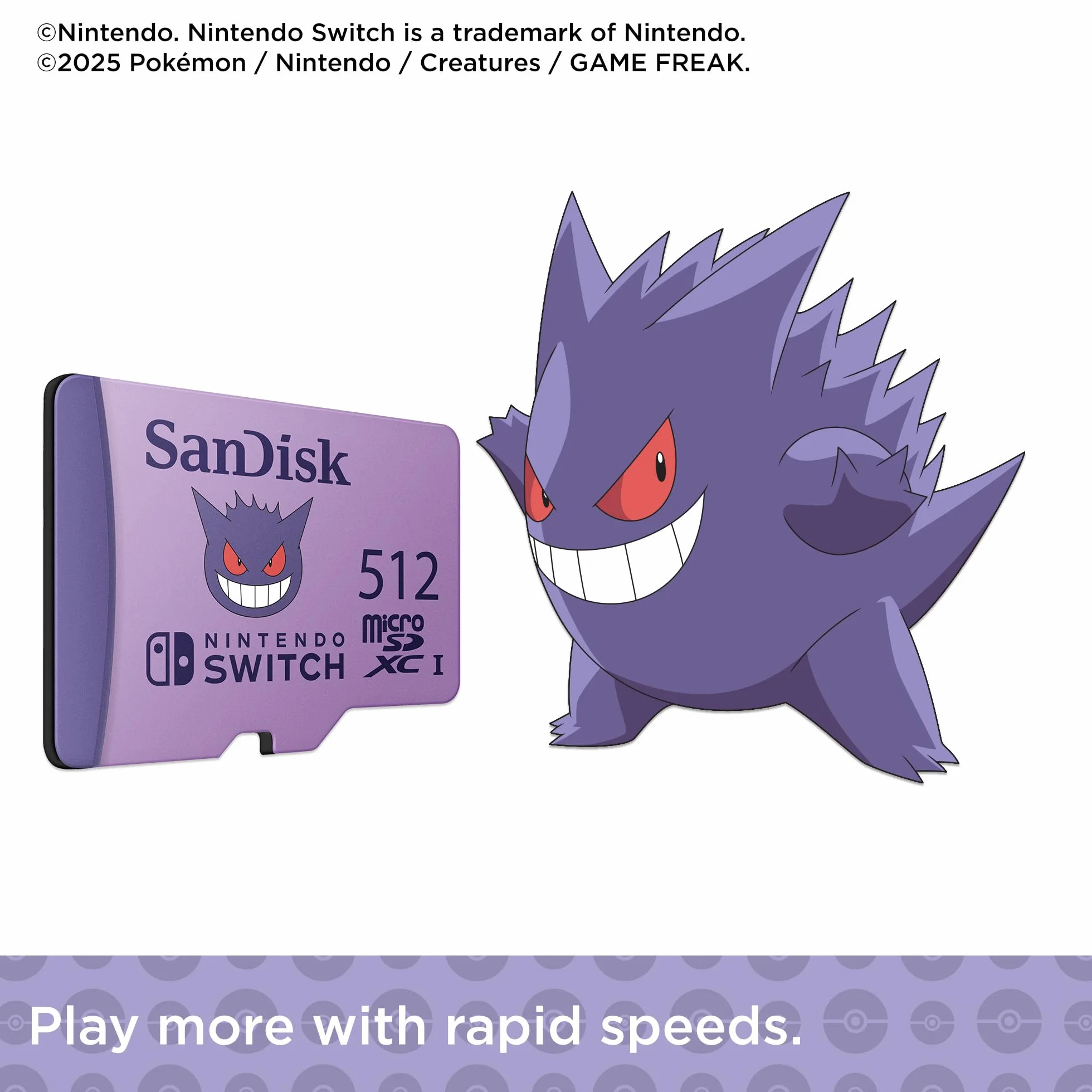 SanDisk Karta pamięci microSD Pokémon Gengar na Nintendo Switch 512GB (do 100 MB/s prędkość odczytu, do 90 MB/s prędkość zapisu, 4K UHD, V30, U3)