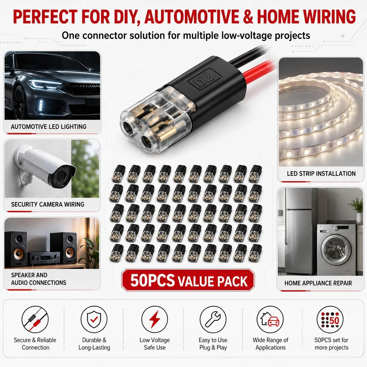 50 sztuk samochodowych złączek kablowych, 2-biegunowych, wtykowych LED bez zdejmowania izolacji, podwójne złącze wtykowe do kabli 18-22 AWG, 12 V, szybkie złącze wtykowe do elektroniki samochodowej