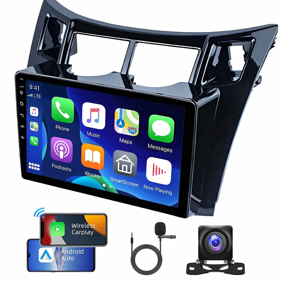 BYNYXI 9 cali 4 GB + 64 GB bezprzewodowy i przewodowy Android auto CarPlay dla Yaris XP90 2005-2012, Android 14 nawigacja GPS WIFI Bluetooth sterowanie głosem widok z tyłu samochodowy ekran stereo