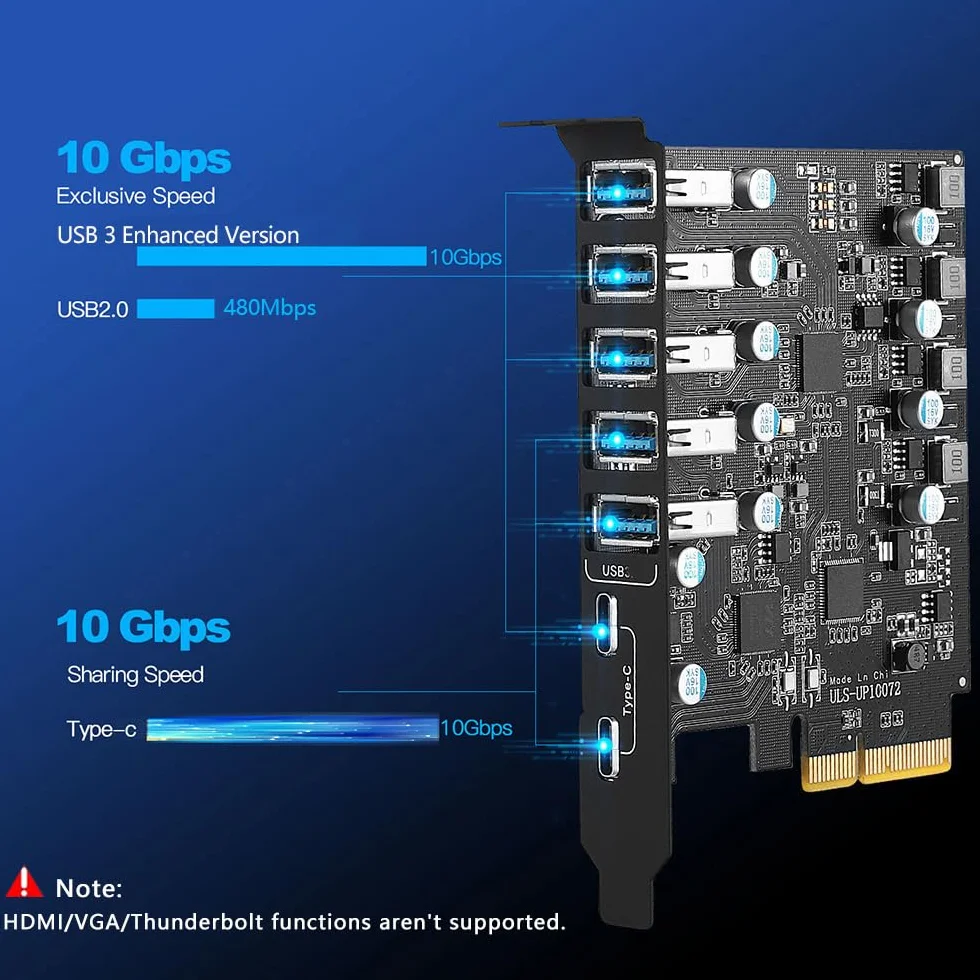 PCIe USB 3.2/3.1 Gen 2 karta 7 portów (2 USB C, 5X Type A) karta rozszerzeniowa z portem wewnętrznym 10 Gbps do Windows 10/8/7/XP i Mac OS 10.8.2 Above