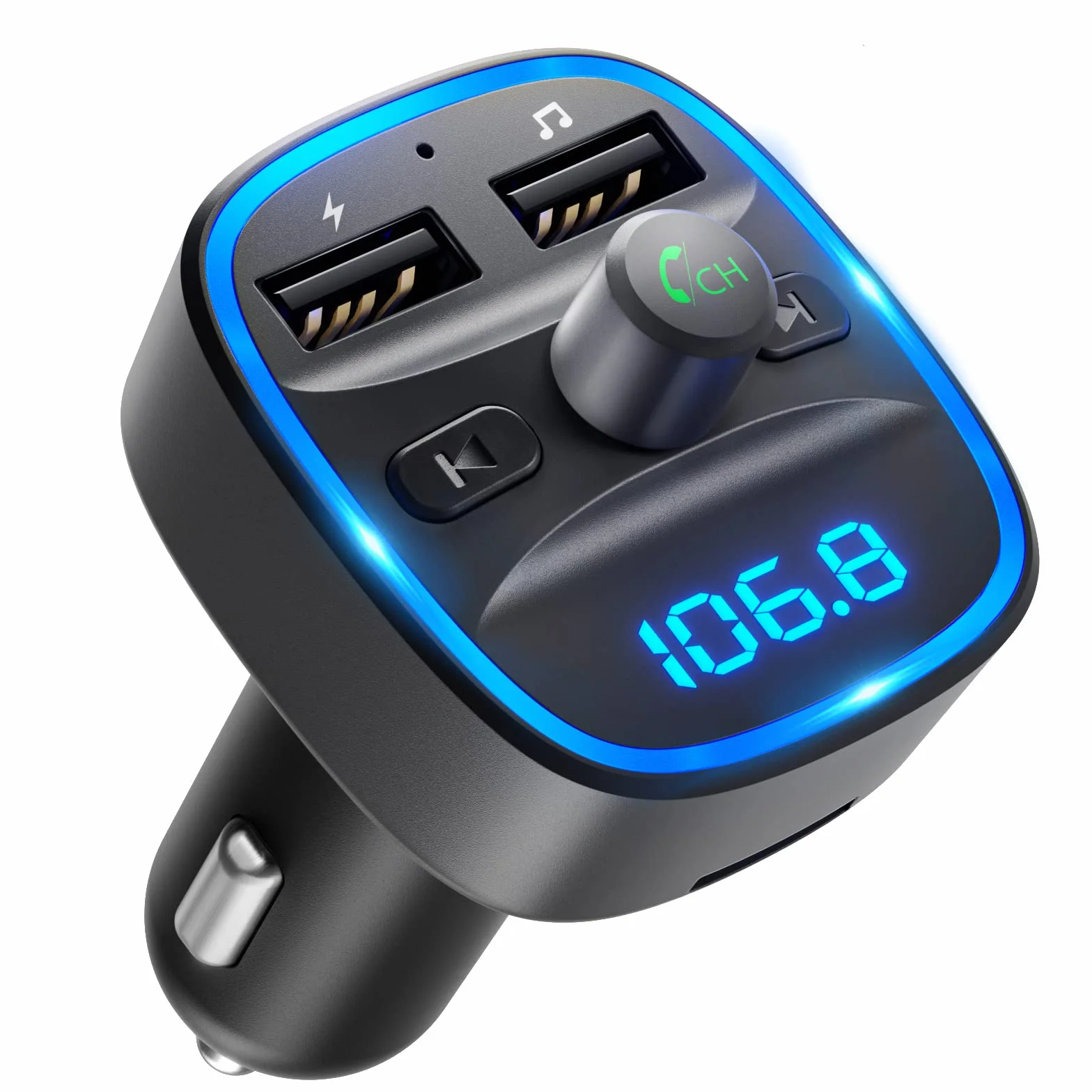 LENCENT 5.1 Samochodu Nadajnik FM Bluetooth, Nadajnik Bluetooth, Adapter Radia Samochodowego z Dwoma Portami USB, Zapalniczka Samochodowa z Zestawem Głośnomówiącym, Obsługa Dysków USB, Ciemnoszary