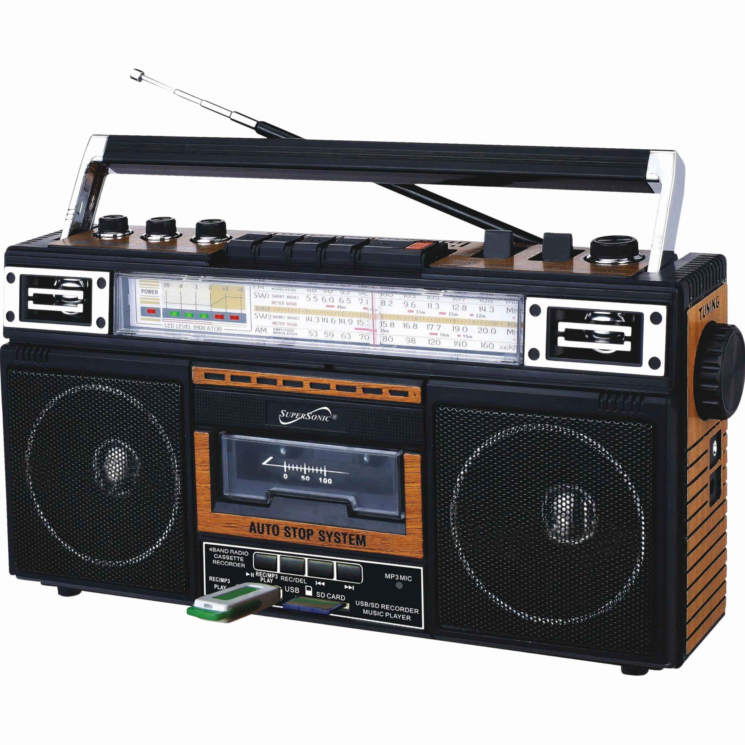 Supersonic SC-3201TBTWOD Bluetooth Retro 4 Band Radio Cassette USB Wood