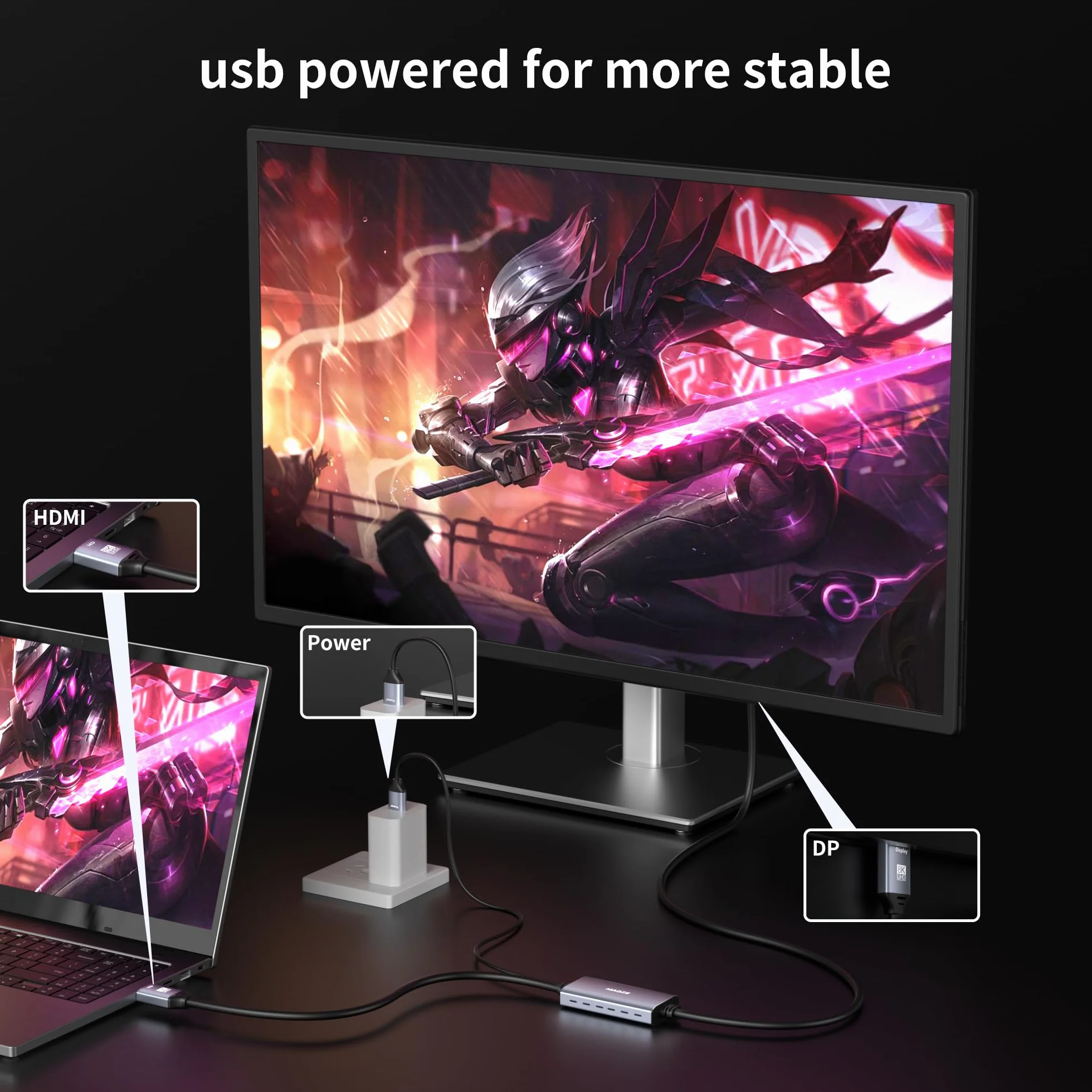 Kabel HDMI na wyświetlaczu 8K, adapter 4K 120 Hz HDMI 2.1 na Displayport 1.4, zasilanie USB, do laptopów, dyskretnych GPU, PS5 i Xbox Series X oraz monitorów do gier