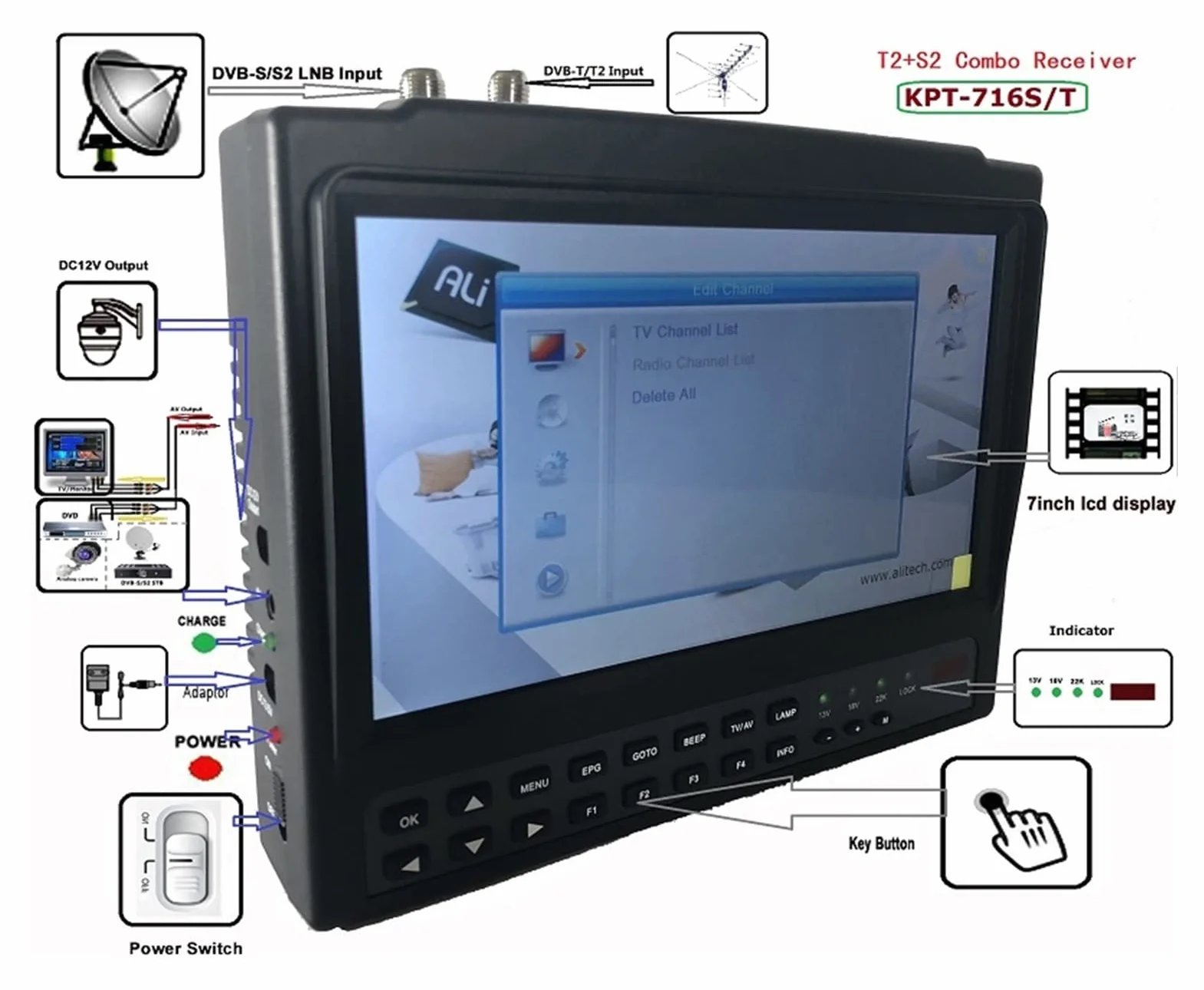 Wyszukiwarka Satelitów, KPT-716TS DVB-S2 DVB-T2 Satllite Finder Meter HD. Satelita telewizja Odbiorca MPEG-4 Modulator Better Ws-6916 6906 6933