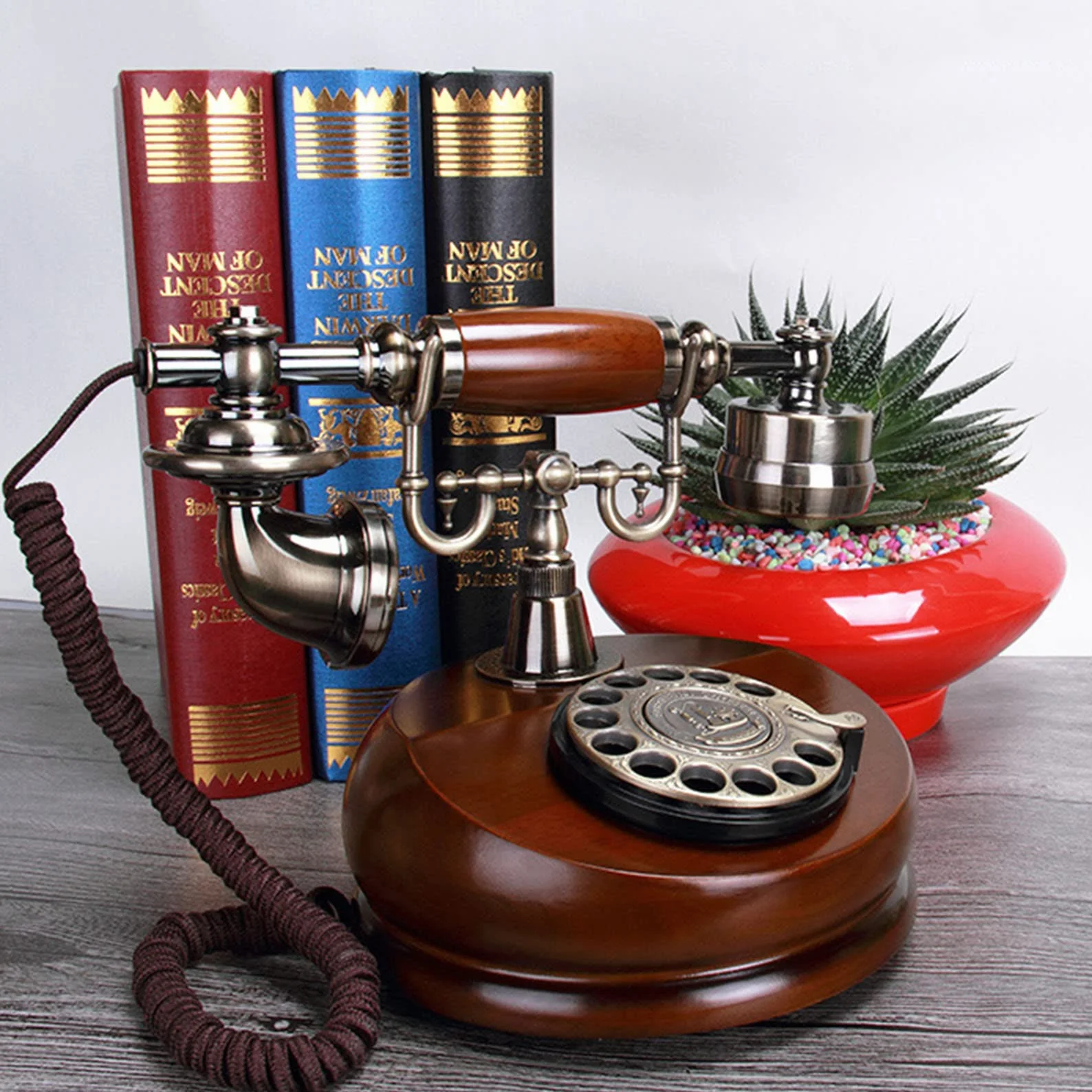 Telefon przewodowy, retro telefon stacjonarny telefon przewodowy z obrotową tarczą, Vintage telefon stacjonarny do domu/biura, uchwyt z litego drewna