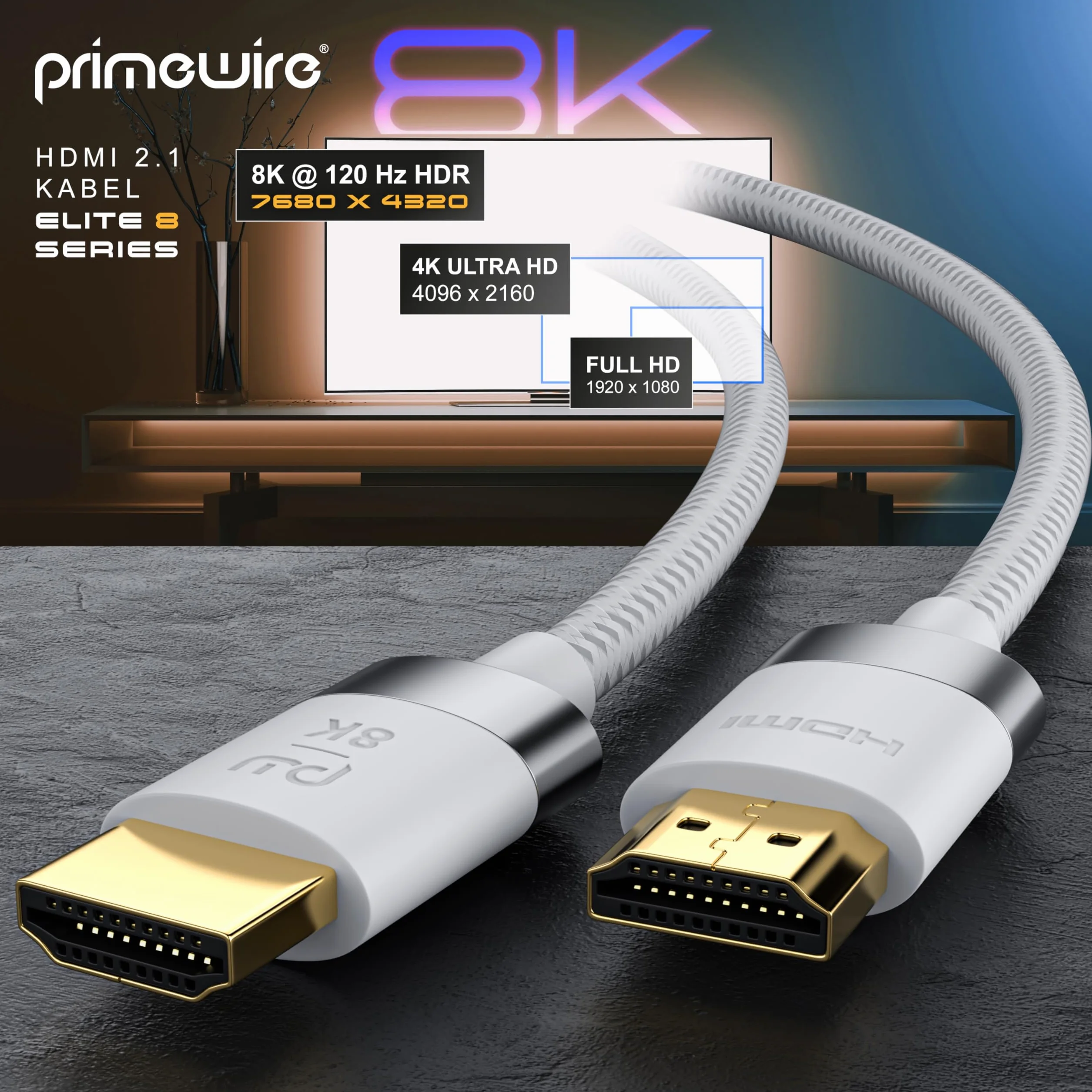 Kabel HDMI 4 m 8K 2.1-8K @ 60 Hz - 4K @ 120 Hz - 4 m (metry) - HDTV 7680 x 4320 - UHD II - HDMI 2.1 2.0a 2.0b - kabel HDMI Ethernet - HDR - ARC - kompatybilny z PS4 PS5 Xbox Series X - biały