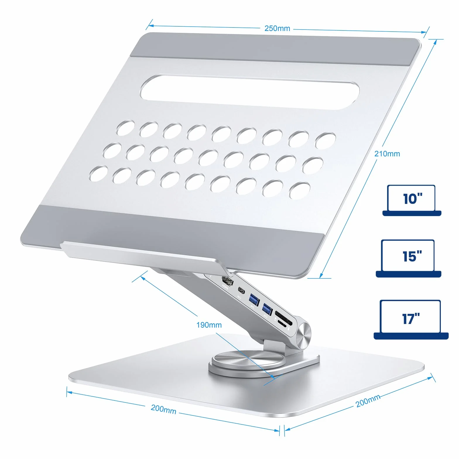 Ewent Stojak na laptopa ze stopu aluminium, stojak do stacji dokującej 7 w 1 z kablem USB-C, ergonomiczne podnoszenie laptopa z regulacją wysokości z obrotem o 360°, antypoślizgowa podstawa